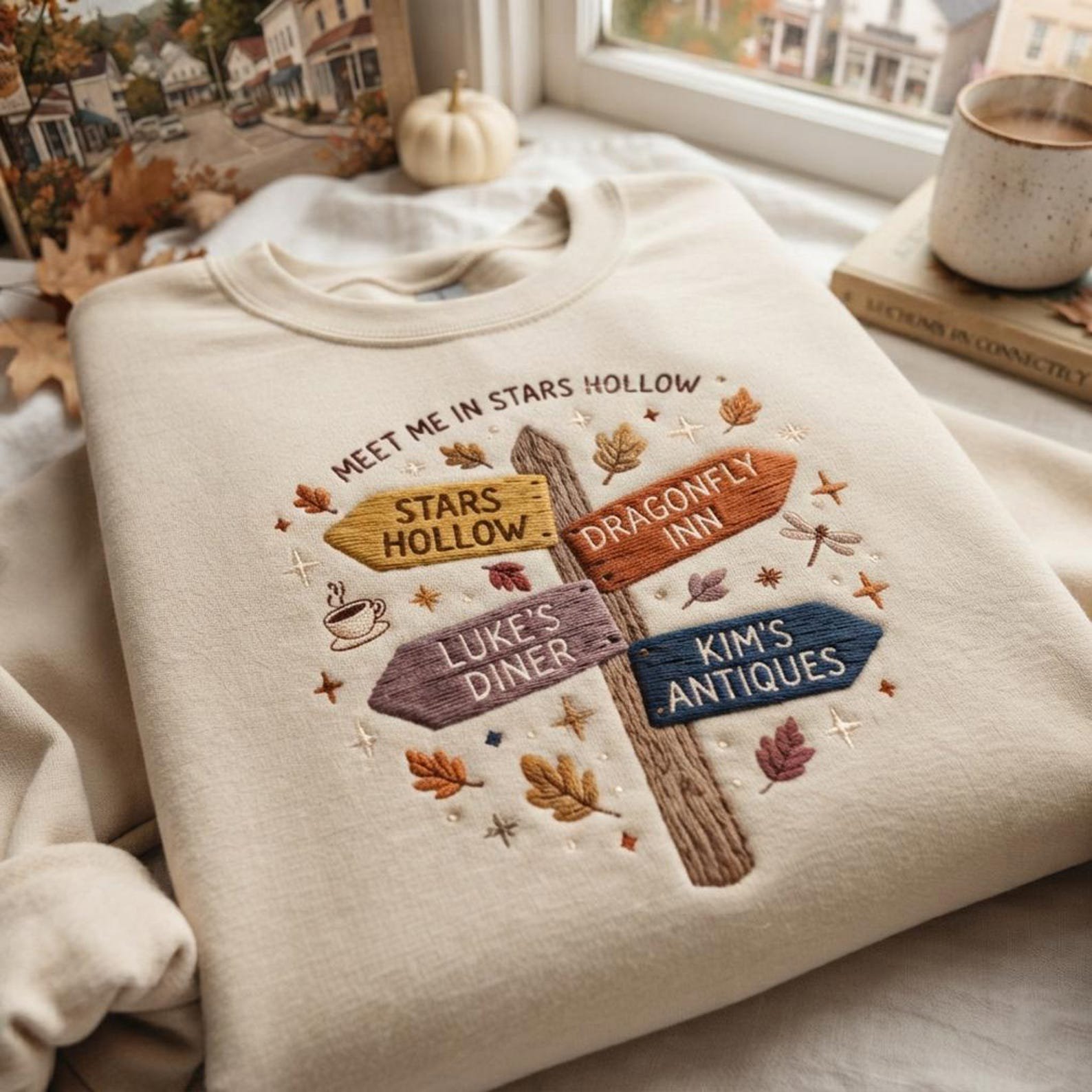 Embroidered Stars Hollow Connecticut Sweatshirt, 90s Movie Inspired Crewneck, Luke's Diner Fall Shirt, Dragonfly Inn Cozy TV Fan Gift 4