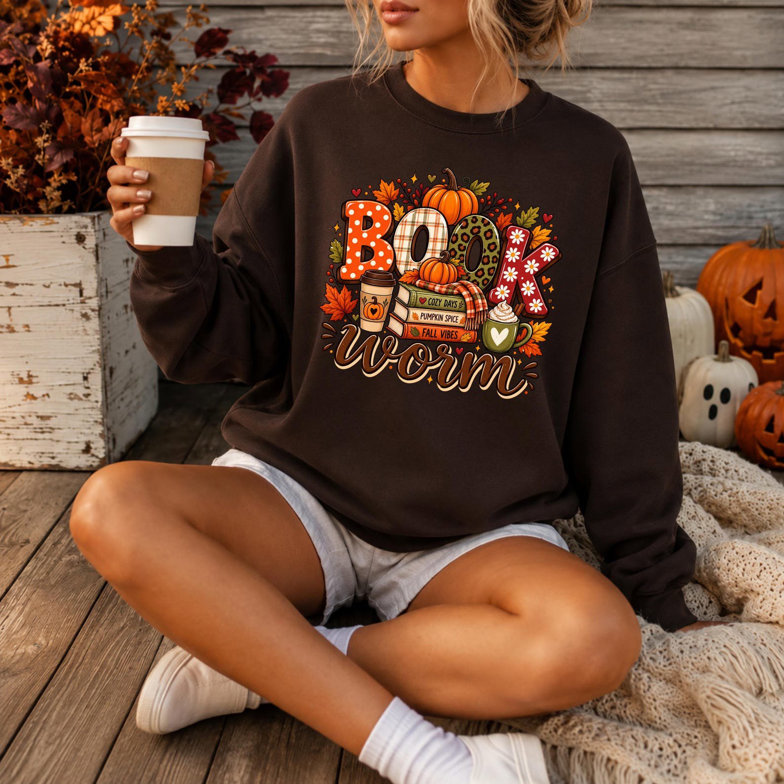 Fall Bookworm Reading Shirt, Pumpkin Spice Autumn Sweatshirt, Cozy Teacher Graphic Tee 2