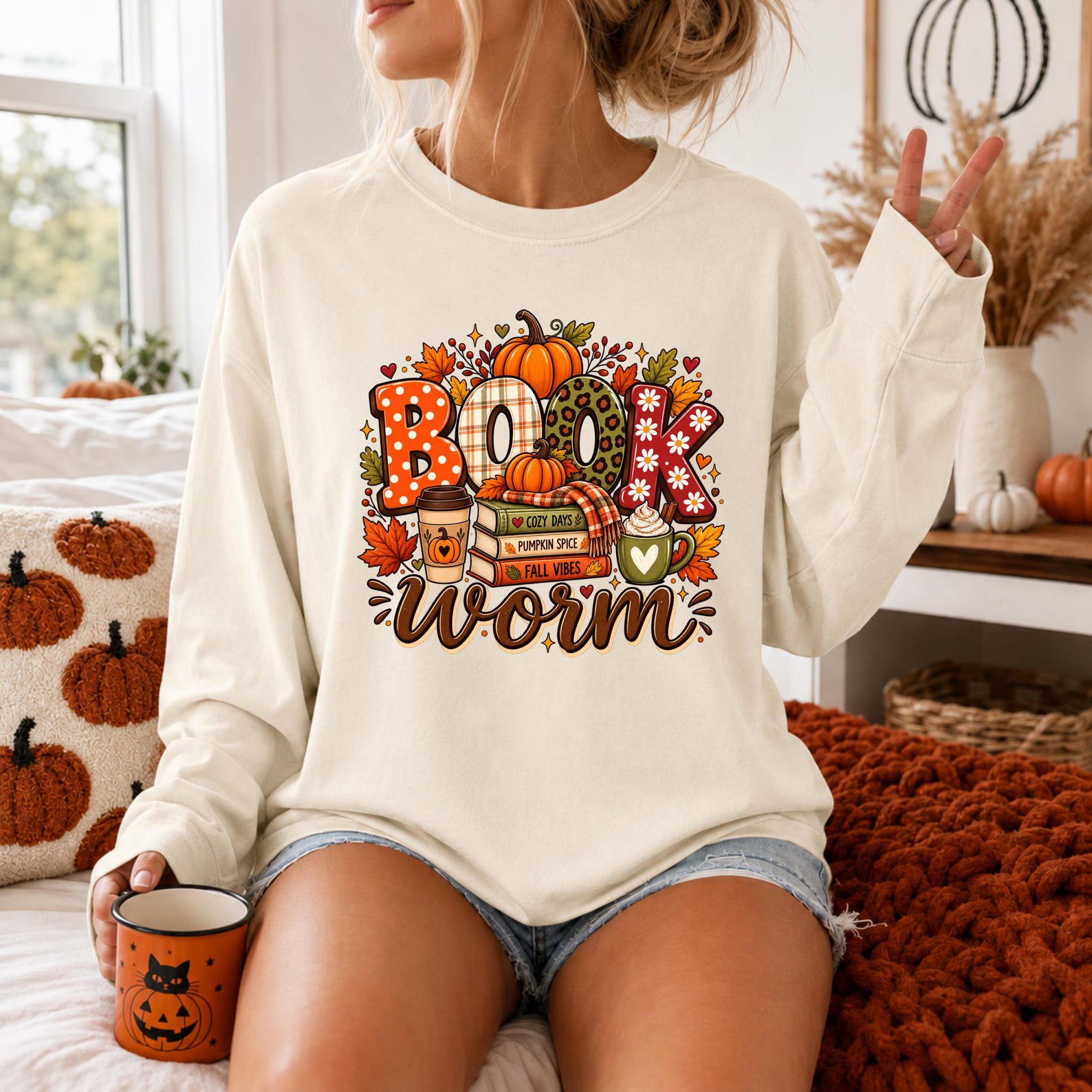 Fall Bookworm Reading Shirt, Pumpkin Spice Autumn Sweatshirt, Cozy Teacher Graphic Tee 7