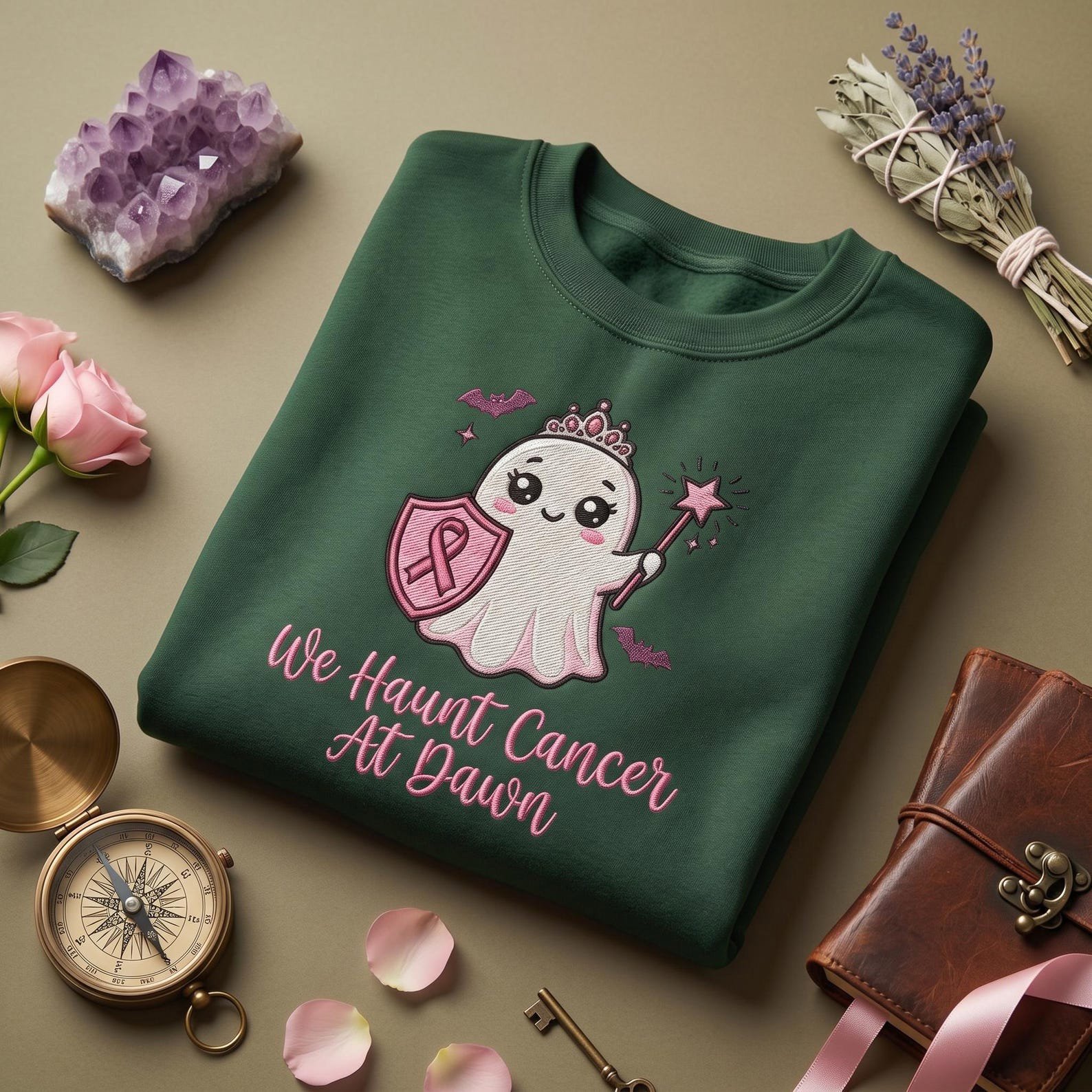 Breast Cancer Awareness Sweatshirt, Embroidered Pink Ribbon Ghost Shirt, We Haunt Cancer At Dawn Halloween Survivor Gift 3