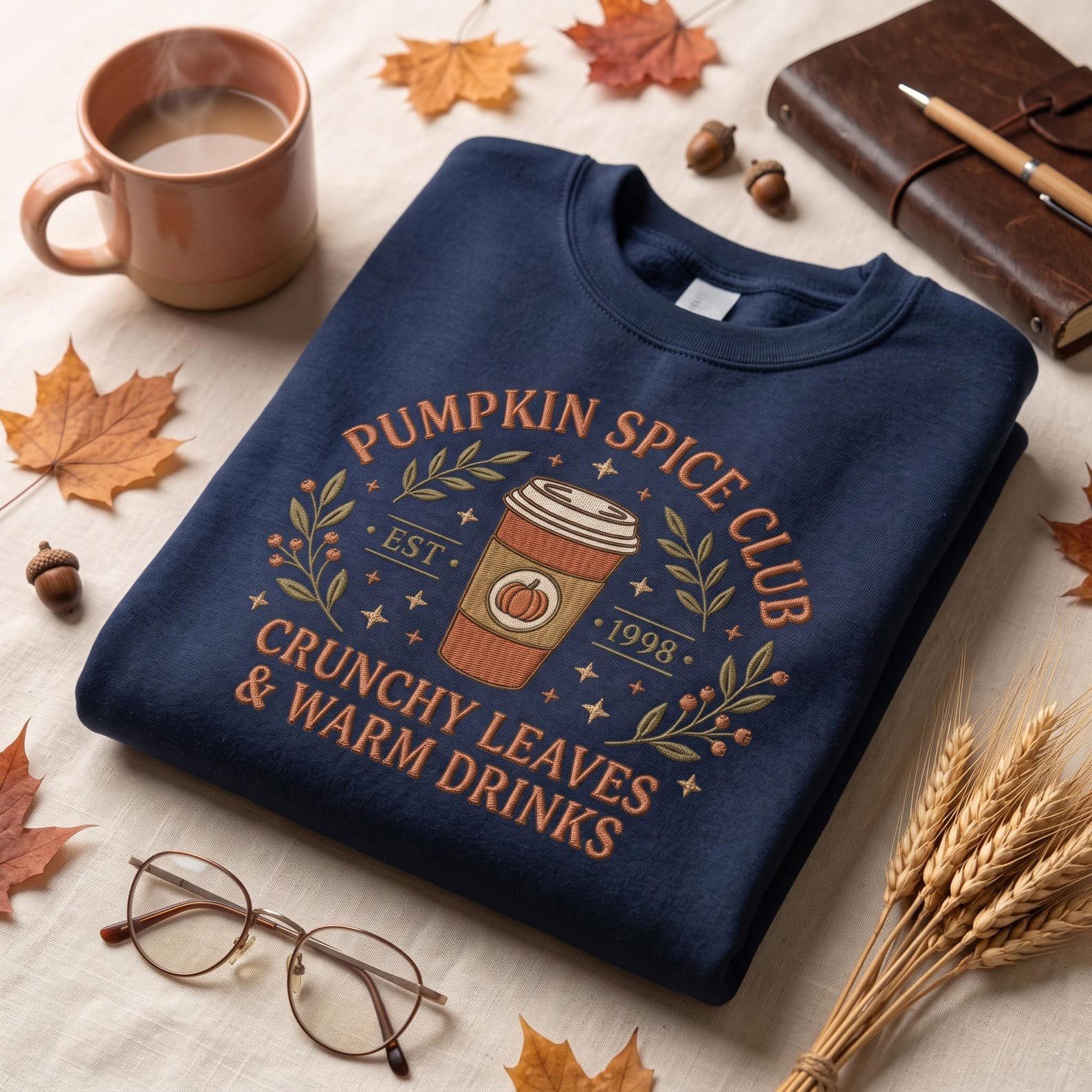 Pumpkin Spice Club Sweatshirt, Embroidered Fall Coffee Shirt, Crunchy Leaves Warm Drinks Sweater, Cozy Autumn Gift 1