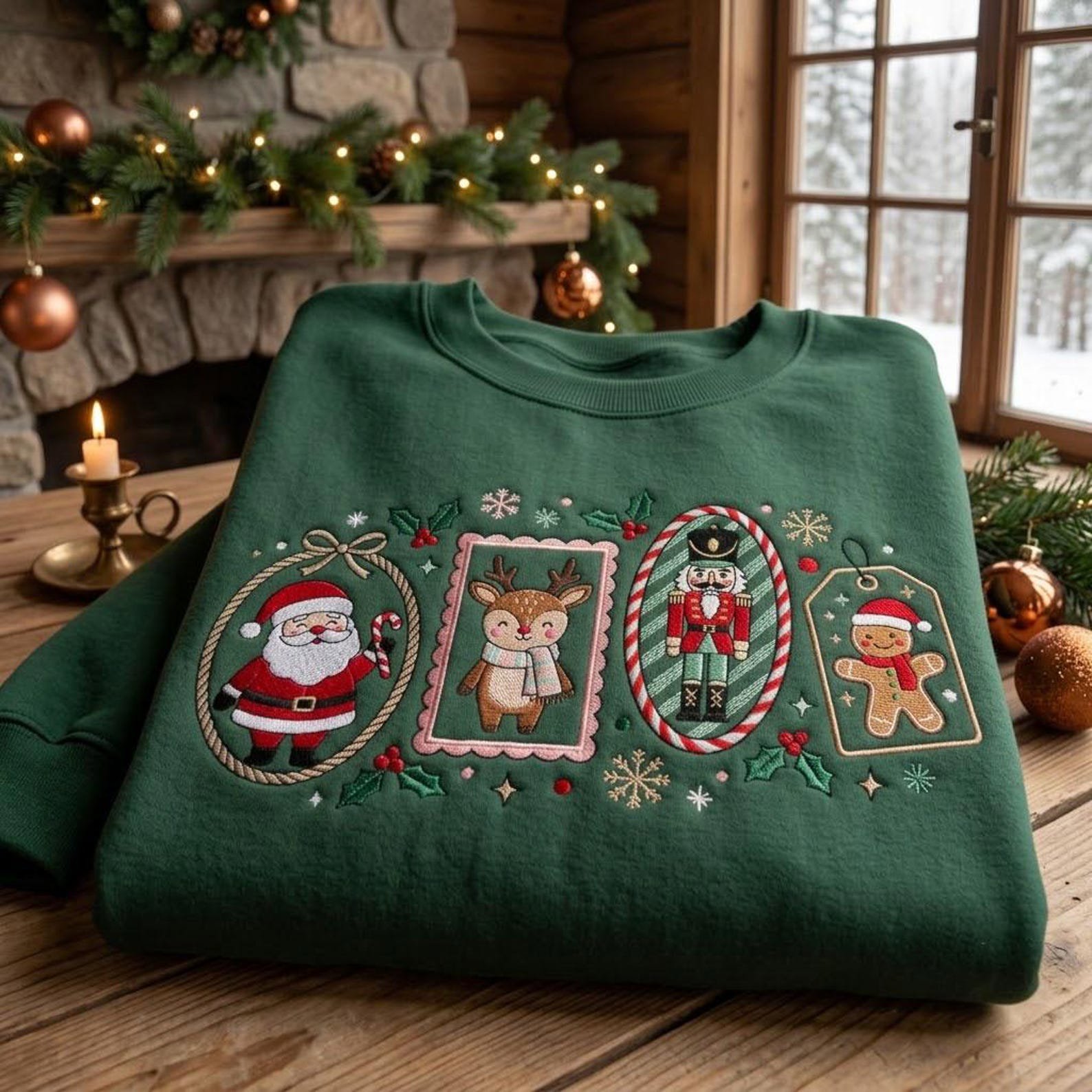 Vintage Christmas Embroidered Sweatshirt, Santa Nutcracker Reindeer Gingerbread Crewneck, Festive Holiday Character Pullover 2