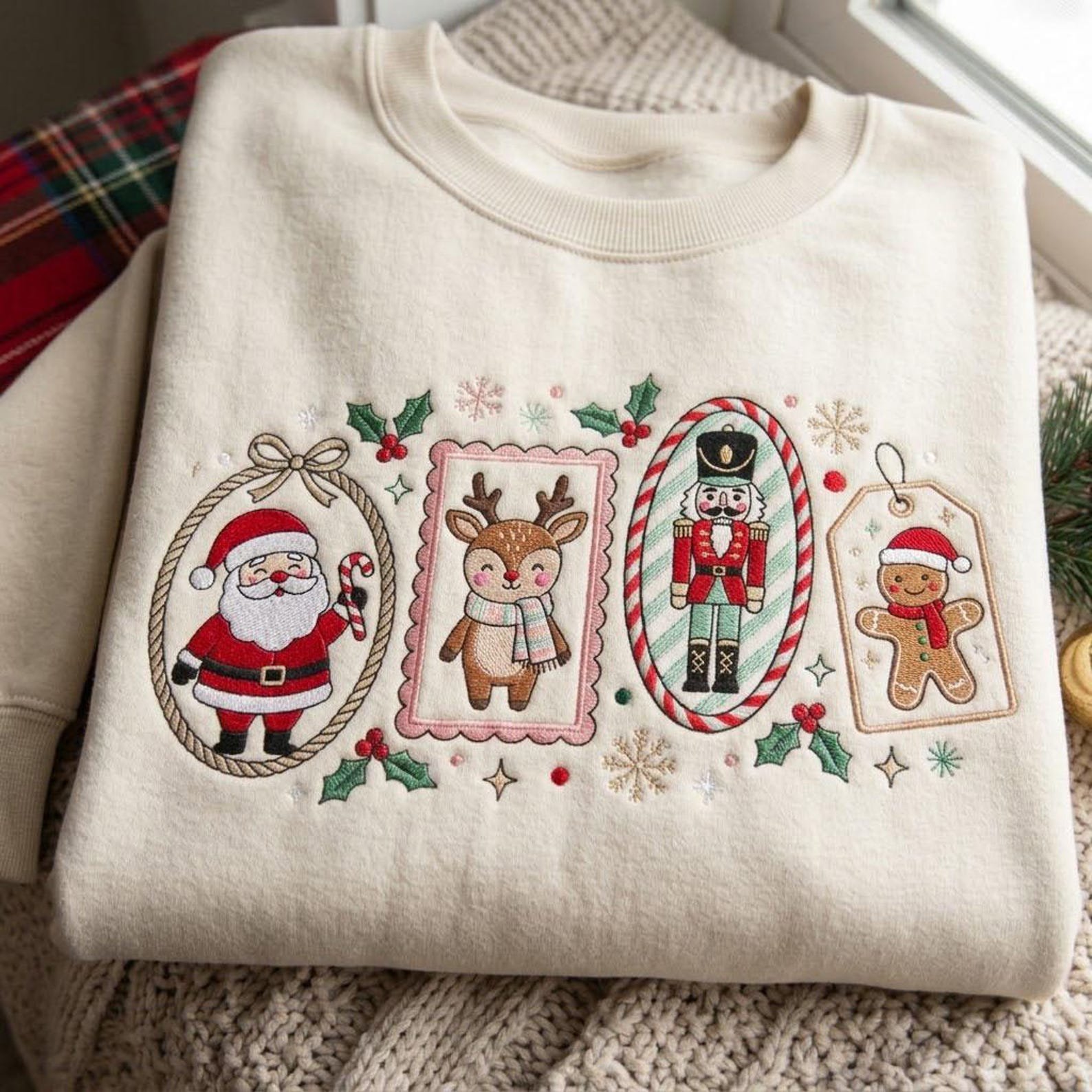 Vintage Christmas Embroidered Sweatshirt, Santa Nutcracker Reindeer Gingerbread Crewneck, Festive Holiday Character Pullover 3
