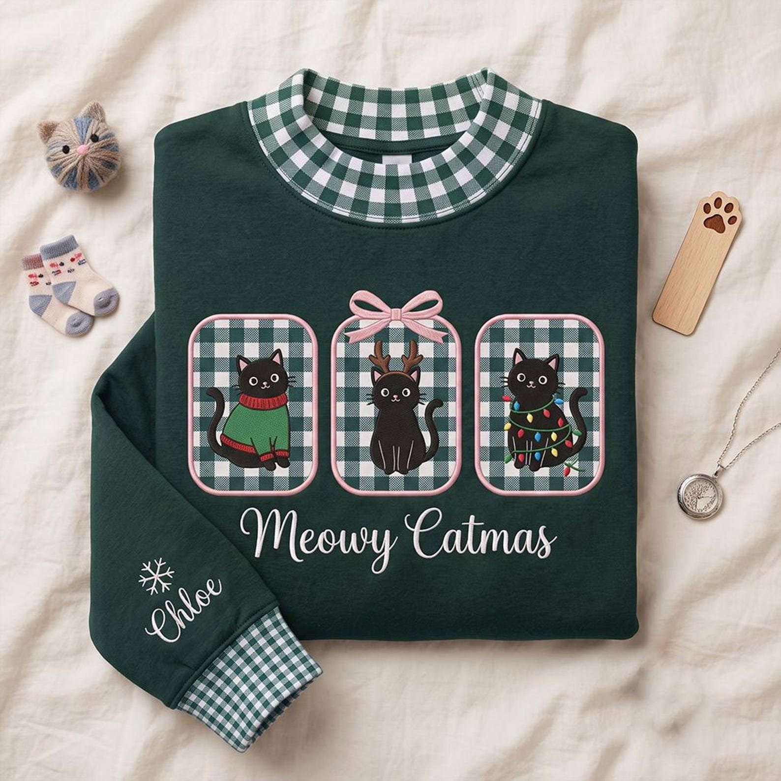 Meowy Catmas Gingham Mock Neck Sweatshirt, Embroidered Christmas Cat Crewneck, Personalized Cat Lover Holiday Pullover 1