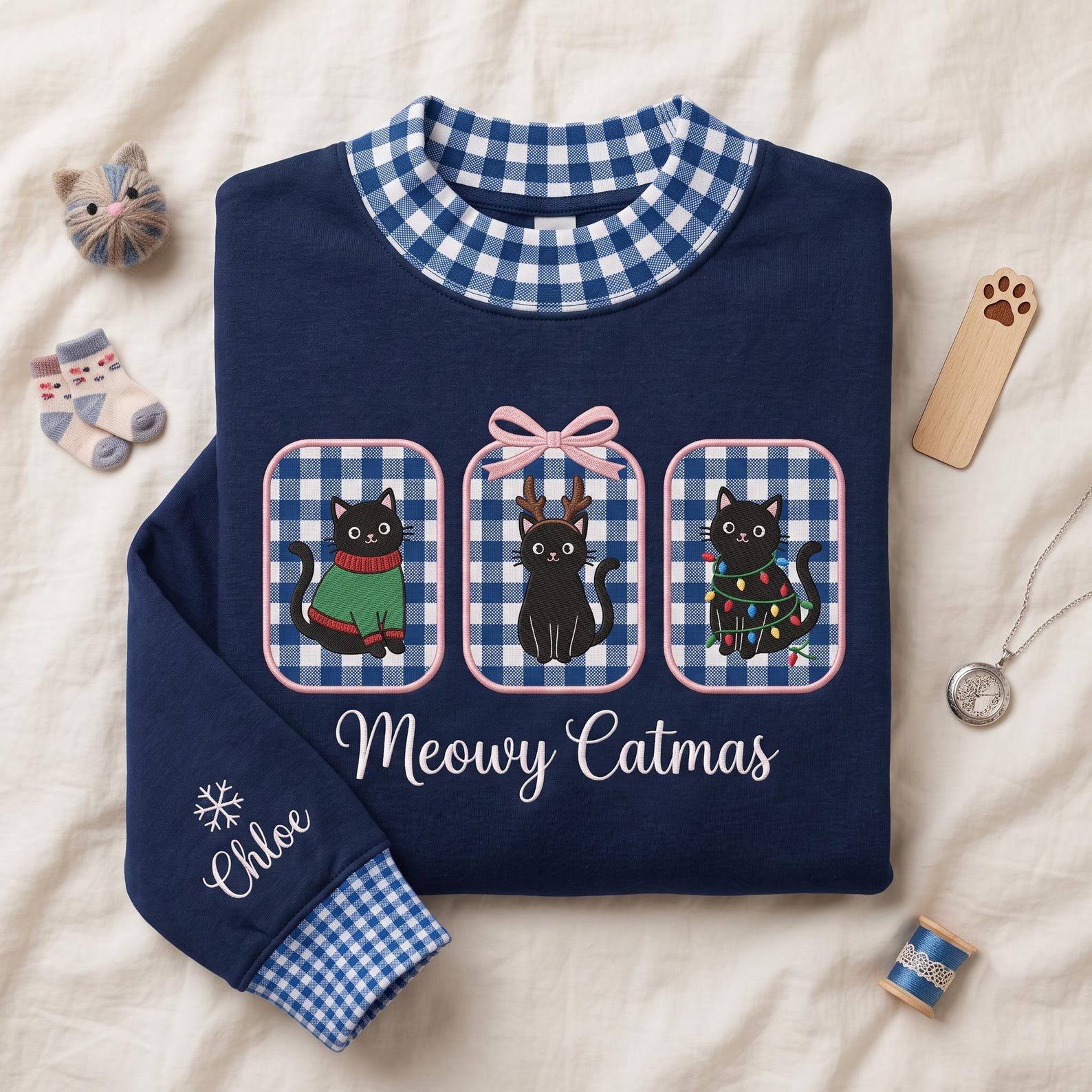 Meowy Catmas Gingham Mock Neck Sweatshirt, Embroidered Christmas Cat Crewneck, Personalized Cat Lover Holiday Pullover 3