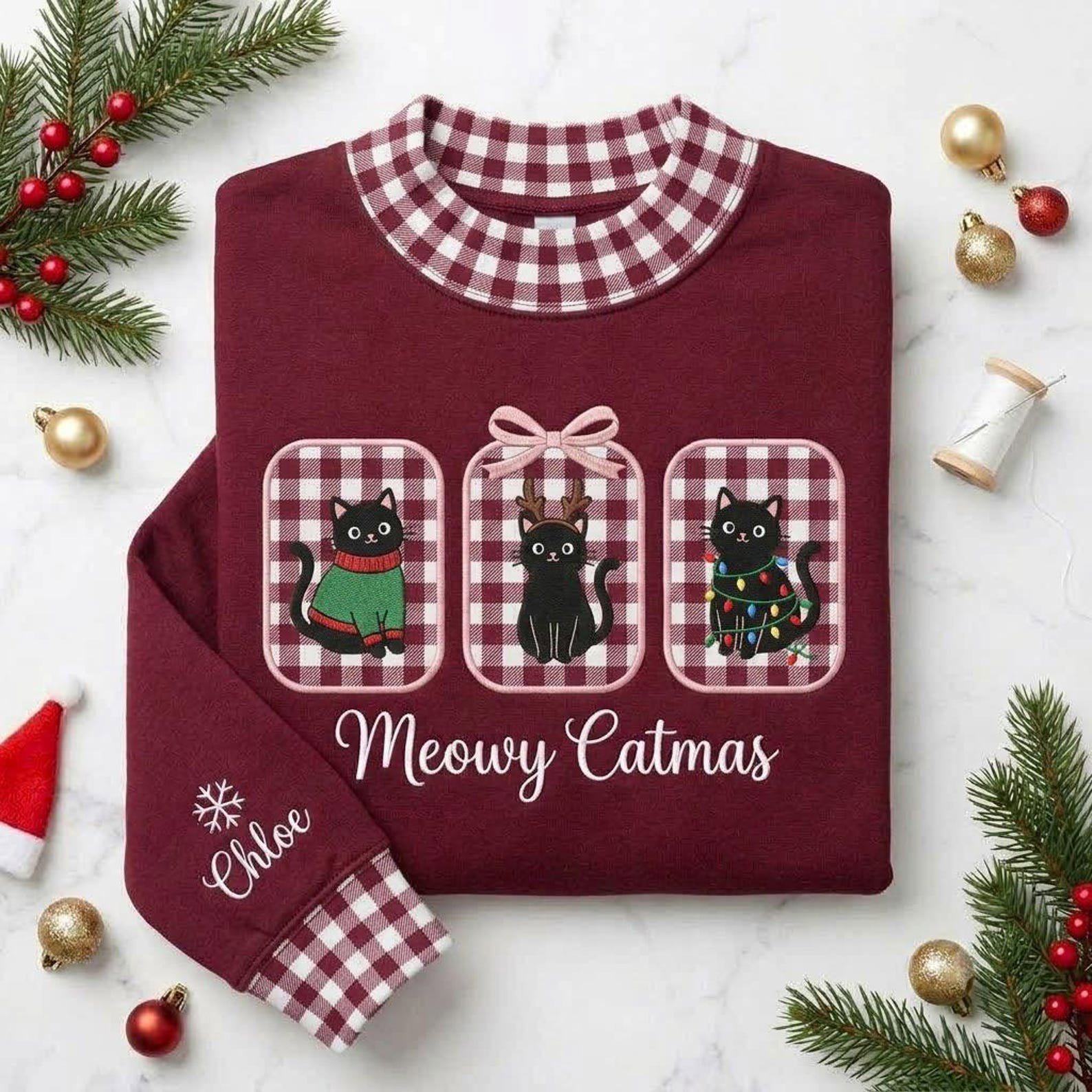Meowy Catmas Gingham Mock Neck Sweatshirt, Embroidered Christmas Cat Crewneck, Personalized Cat Lover Holiday Pullover 2