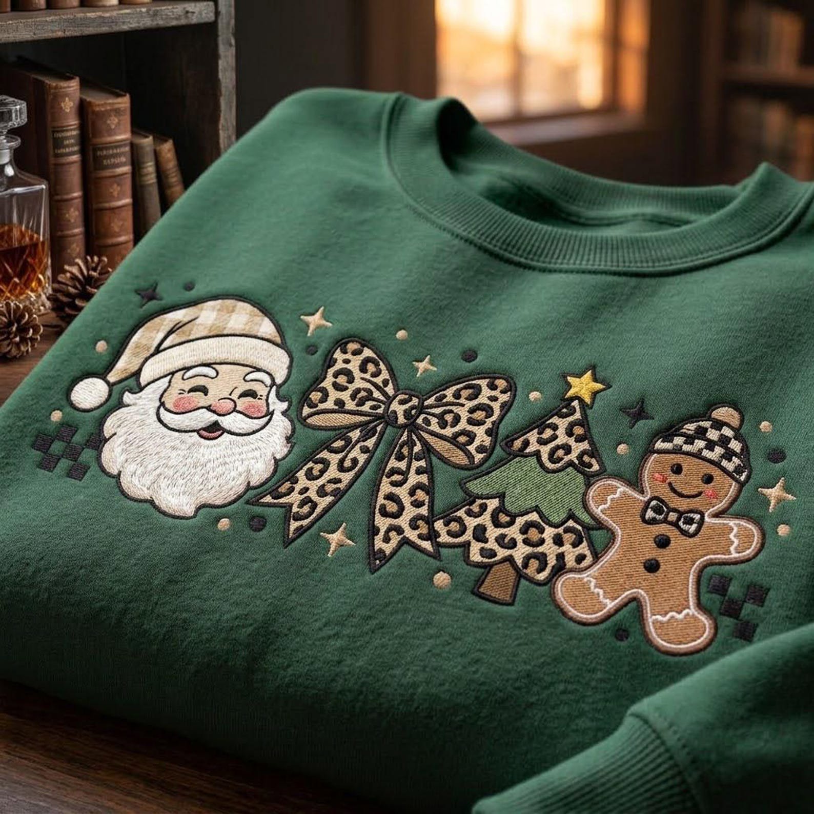 Coquette Christmas Sweatshirt, Embroidered Leopard Bow Santa Sweater, Gingerbread Christmas Tree Shirt, Festive Holiday Gift 2