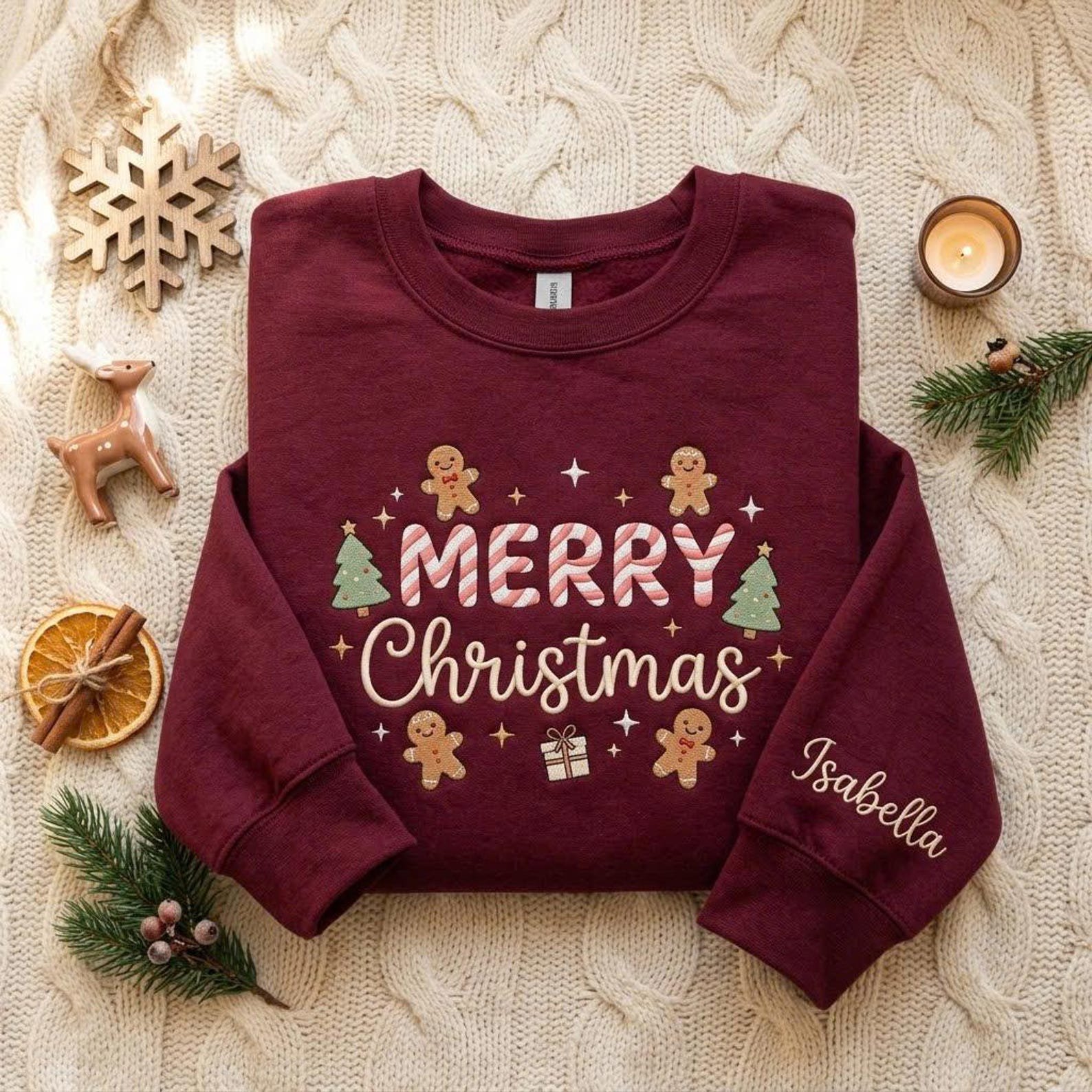 Personalized Christmas Sweatshirt, Embroidered Merry Christmas Gingerbread Shirt, Custom Name Sleeve Holiday Sweater 2