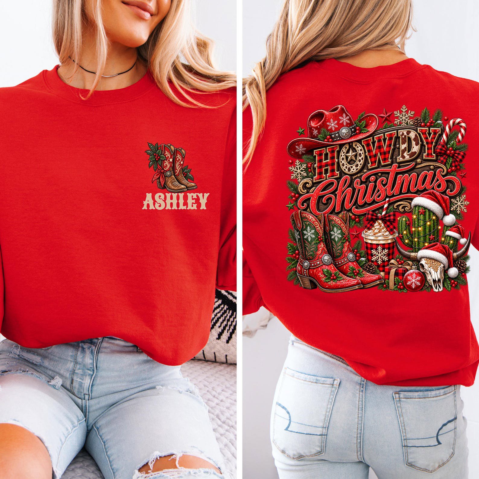 Custom Howdy Christmas Shirt, Matching Family Western Sweatshirt, Rodeo Cowboy Holiday Outfit 8