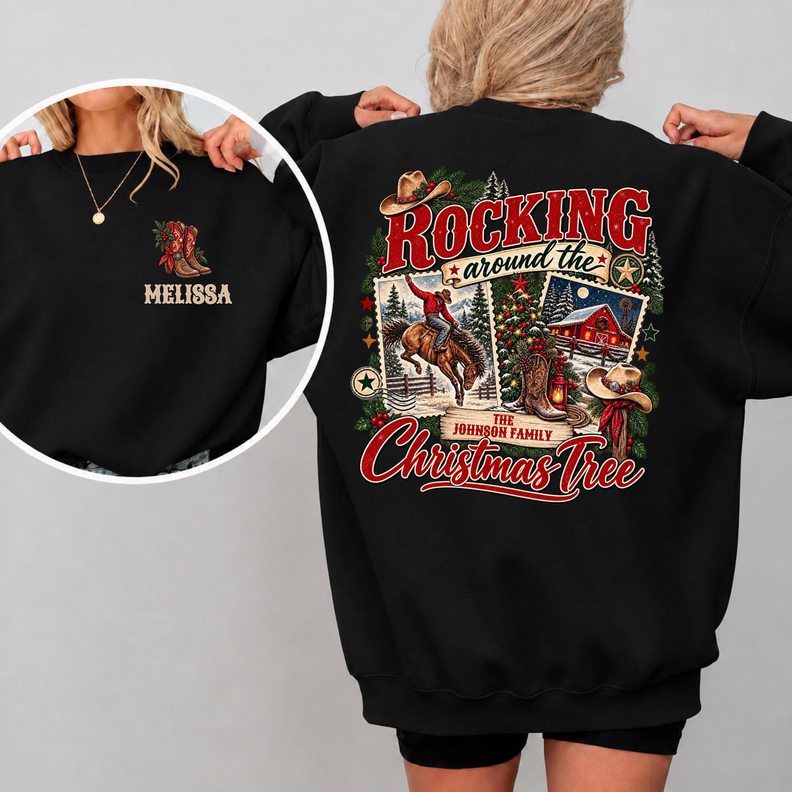 Custom Western Christmas Shirt, Matching Family Xmas Sweatshirt, Country Cowboy Friends Holiday Outfit 3
