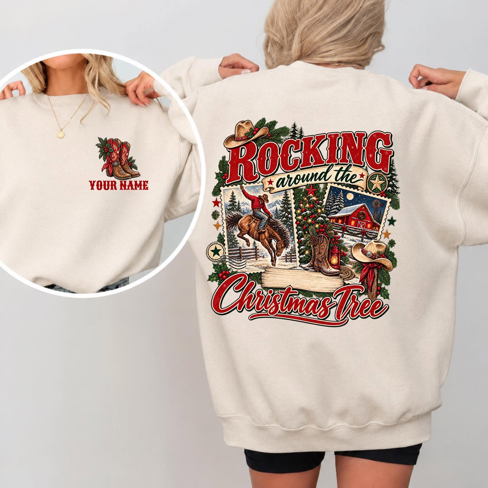 Custom Western Christmas Shirt, Matching Family Xmas Sweatshirt, Country Cowboy Friends Holiday Outfit 1