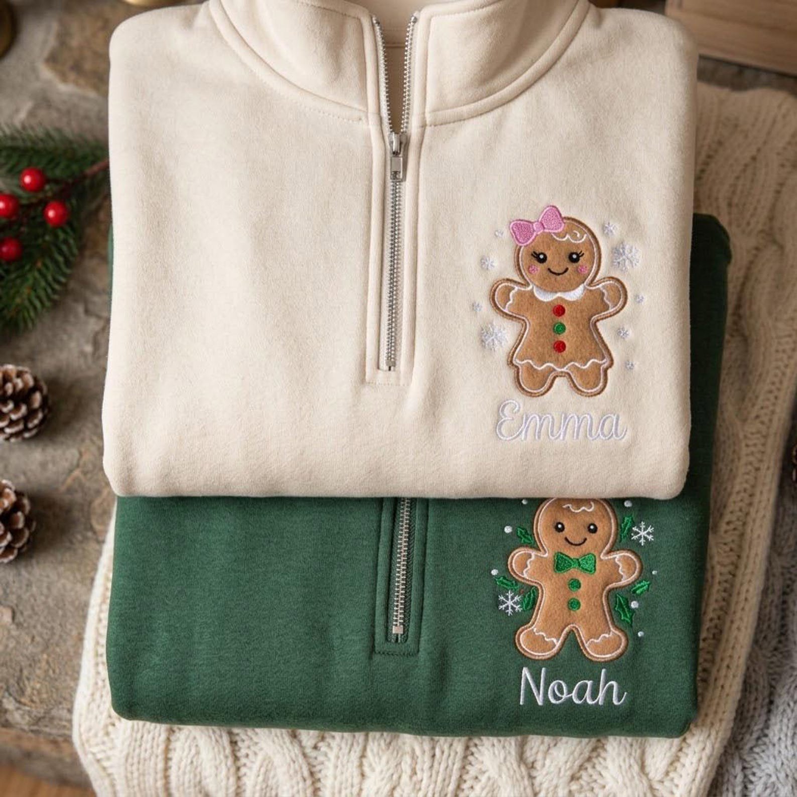 Christmas Gingerbread Quarter Zip, Personalized Embroidered Name Sweatshirt, Cute Holiday Pullover, Family Christmas Gift 3