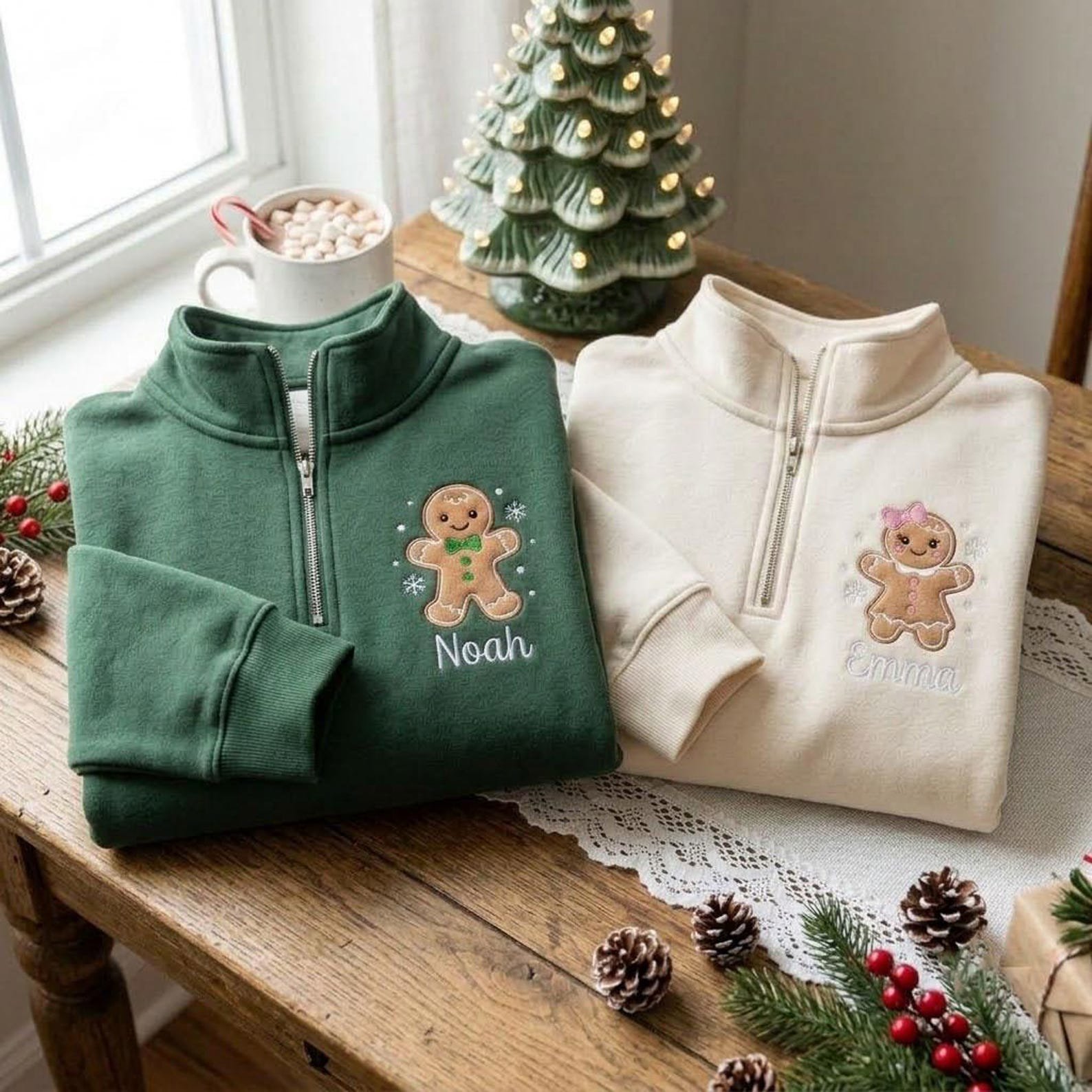 Christmas Gingerbread Quarter Zip, Personalized Embroidered Name Sweatshirt, Cute Holiday Pullover, Family Christmas Gift 6