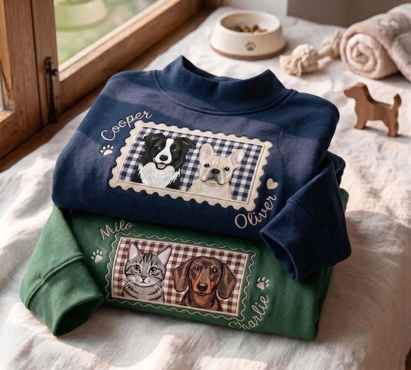 Personalized Pet Mock Neck Sweatshirt, Custom Dog Cat Portrait Applique Sweater, Gingham Pet Photo Shirt, Pet Parent Gift 1