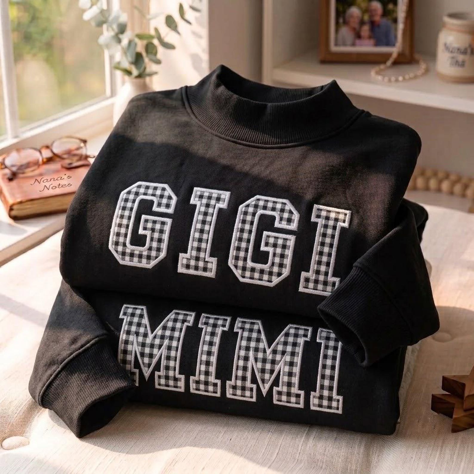 Gigi Mock Neck Sweatshirt, Mimi Gingham Applique Sweater, Grandma Shirt, Personalized Style Gift for Grandmother 3