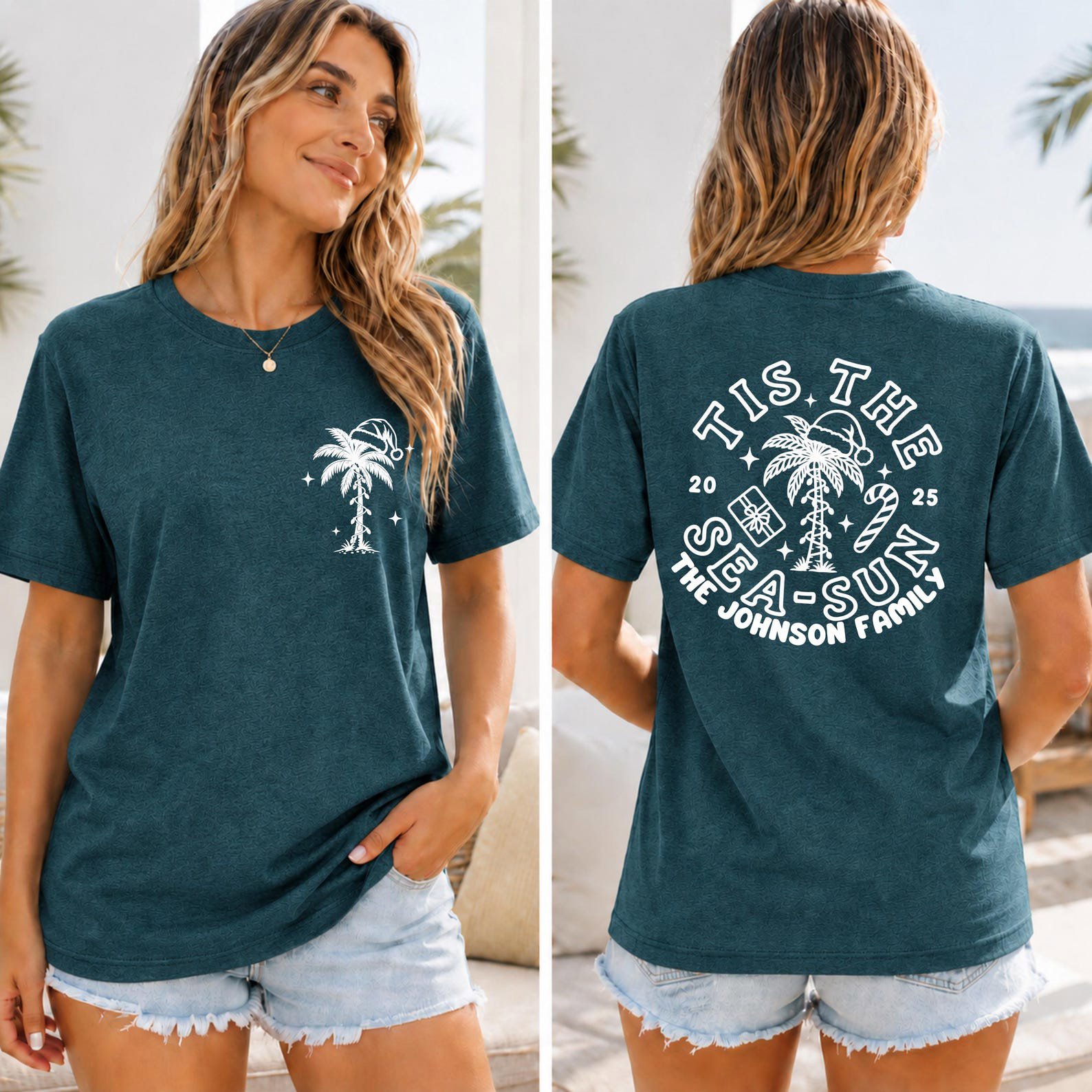 Custom Tis The Sea Sun Shirt, Tropical Family Christmas Vacation Sweatshirt, Beach Cruise Xmas Tee 3