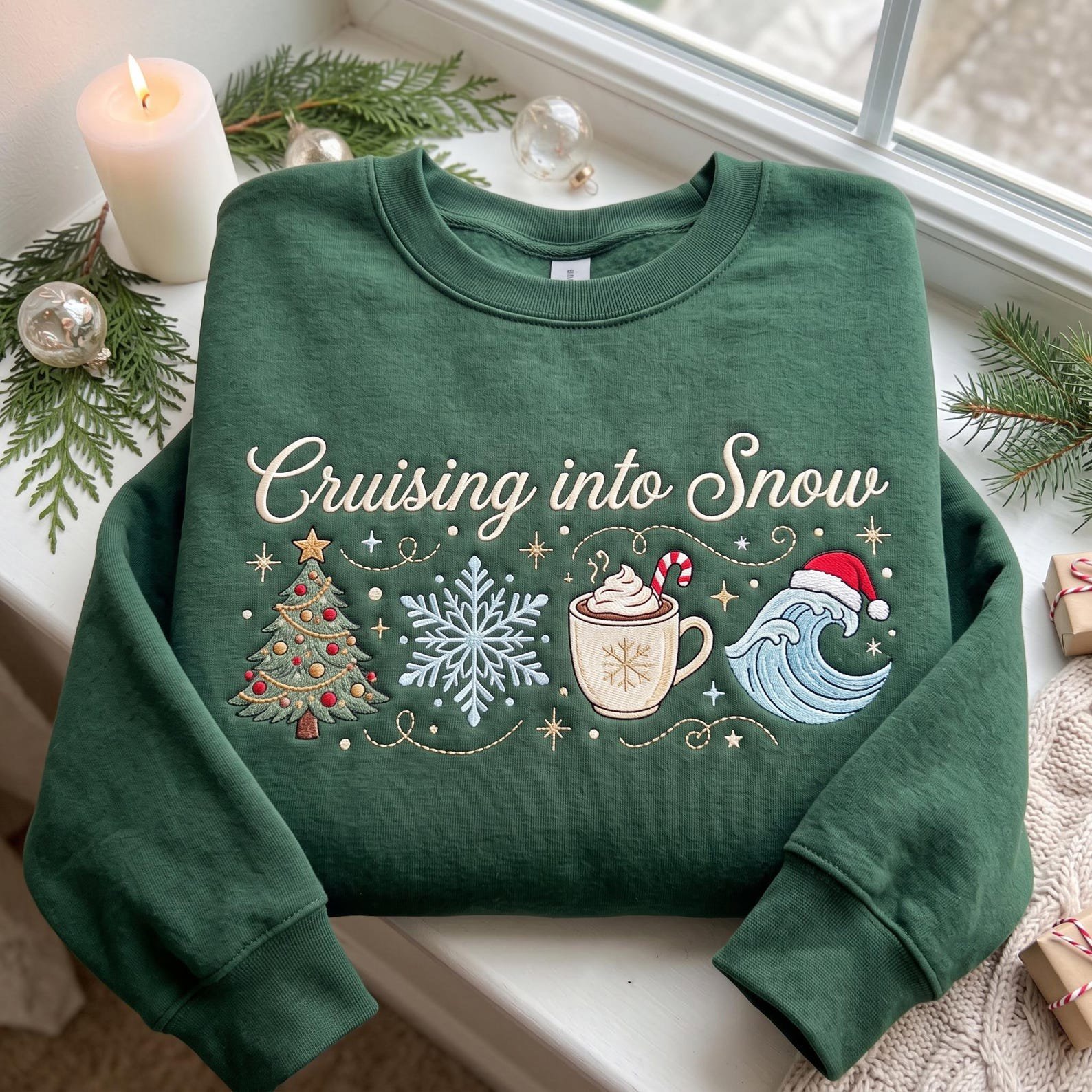 Cruising Into Snow Christmas Sweatshirt, Embroidered Holiday Cruise Shirt, Christmas Tree Snowflake Ocean Wave Sweater 2