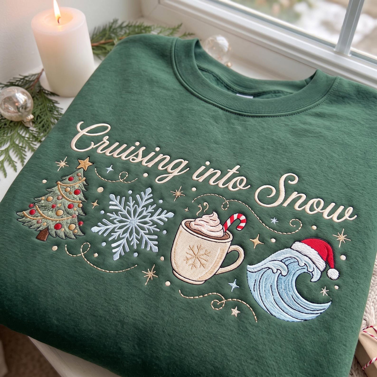 Cruising Into Snow Christmas Sweatshirt, Embroidered Holiday Cruise Shirt, Christmas Tree Snowflake Ocean Wave Sweater 1