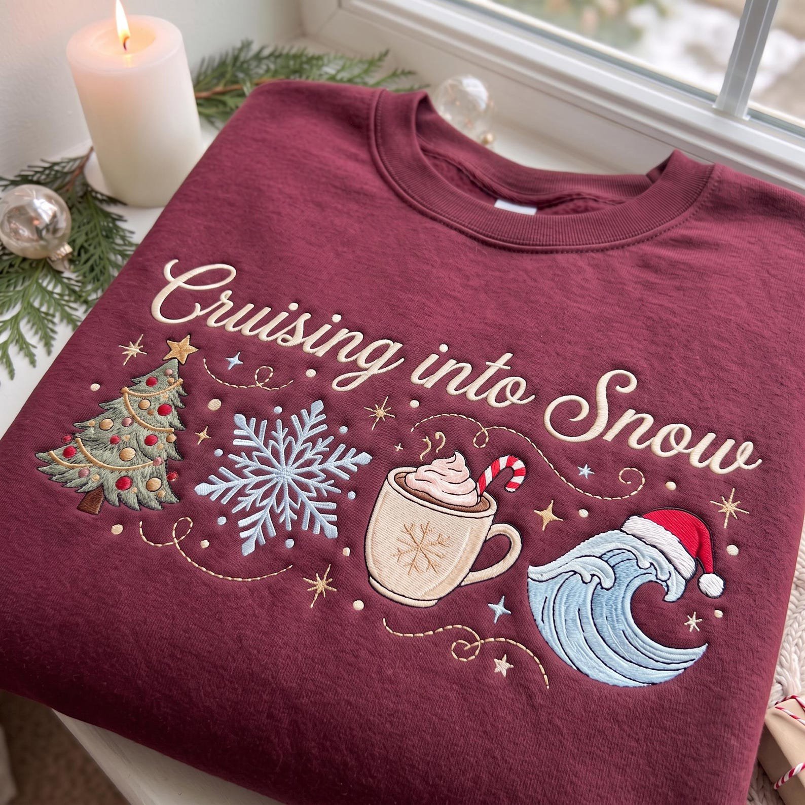 Cruising Into Snow Christmas Sweatshirt, Embroidered Holiday Cruise Shirt, Christmas Tree Snowflake Ocean Wave Sweater 3