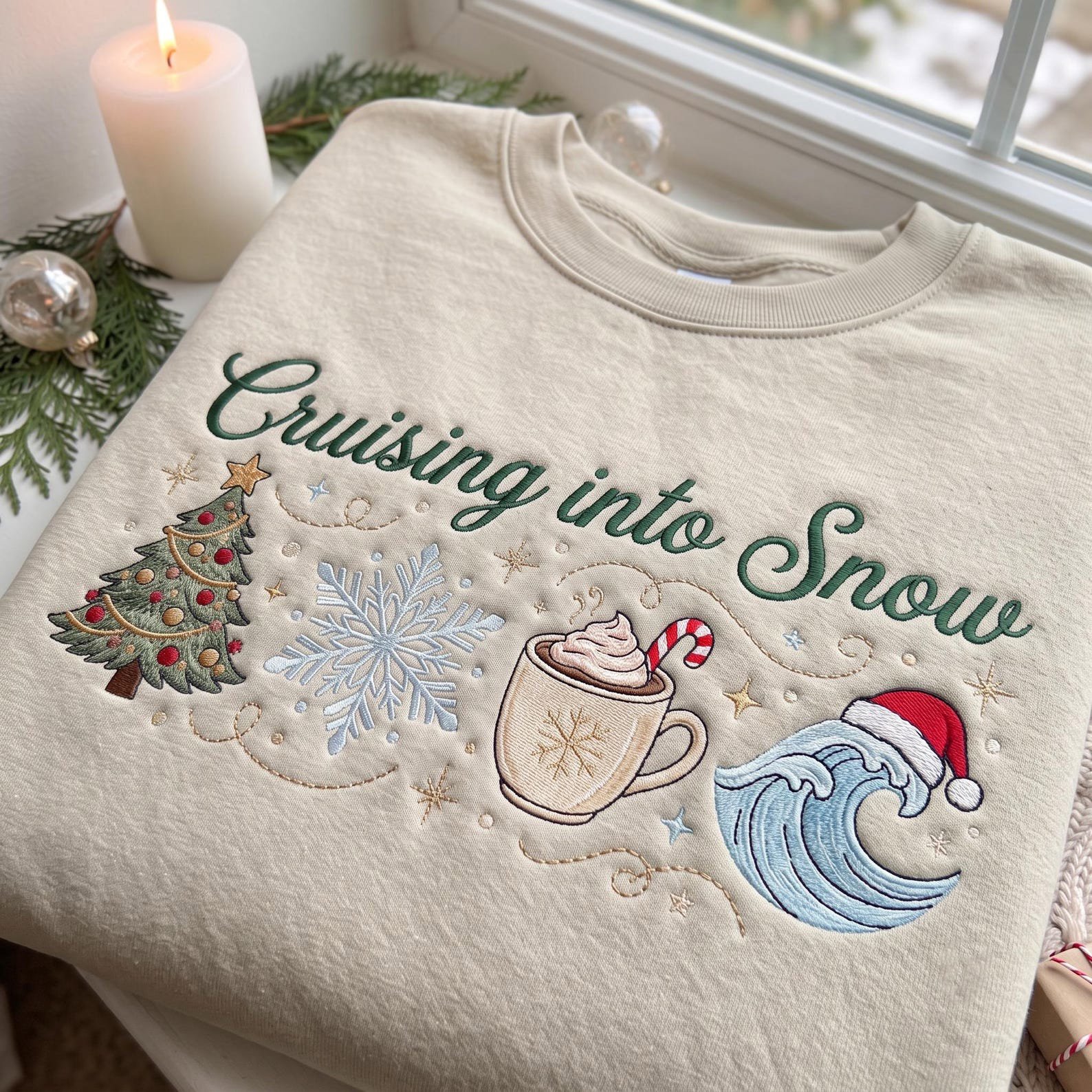 Cruising Into Snow Christmas Sweatshirt, Embroidered Holiday Cruise Shirt, Christmas Tree Snowflake Ocean Wave Sweater 4