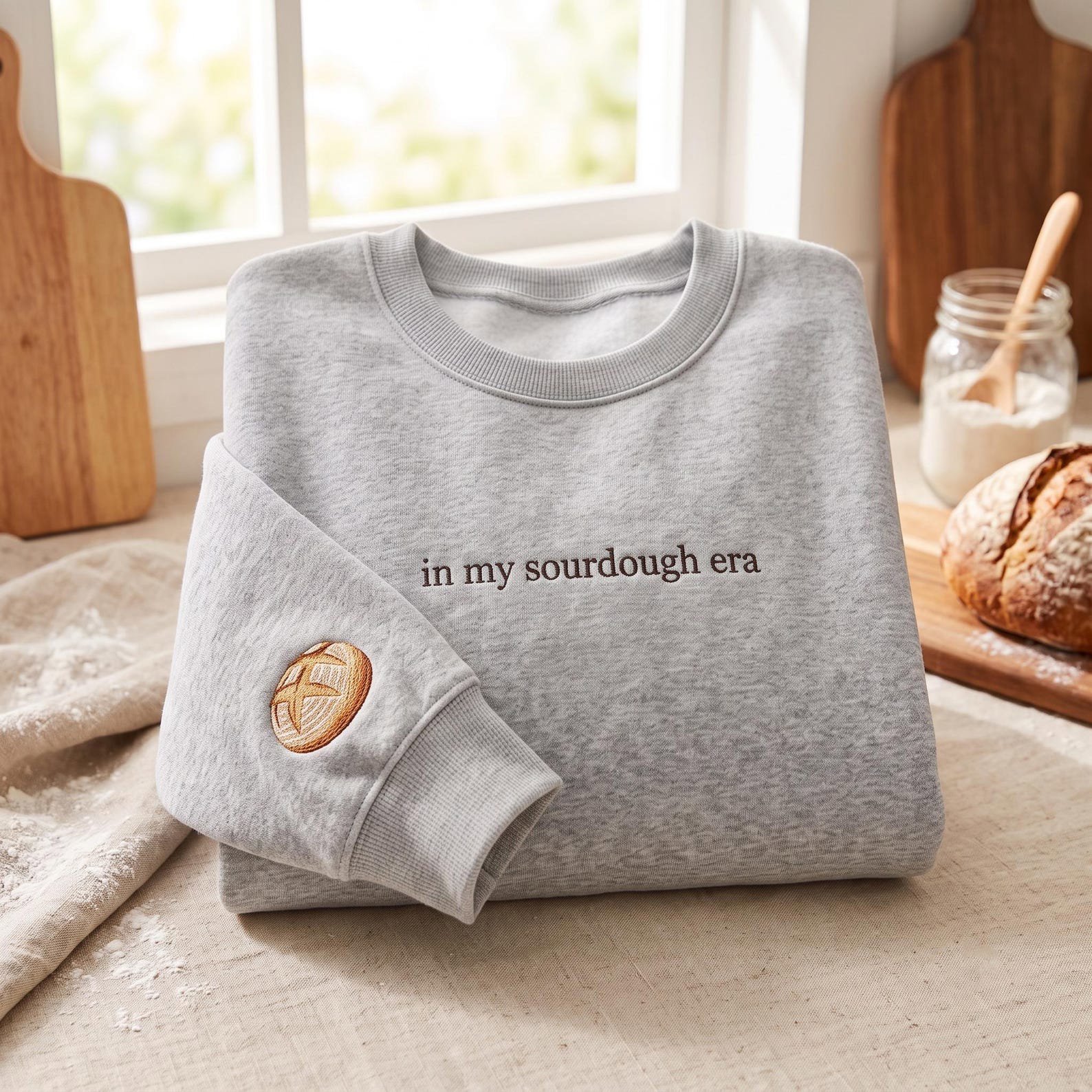 Sourdough Era Sweatshirt, Embroidered Bread Sleeve Sweater, Cozy Baker Shirt, Gift for Sourdough and Baking Lovers 3