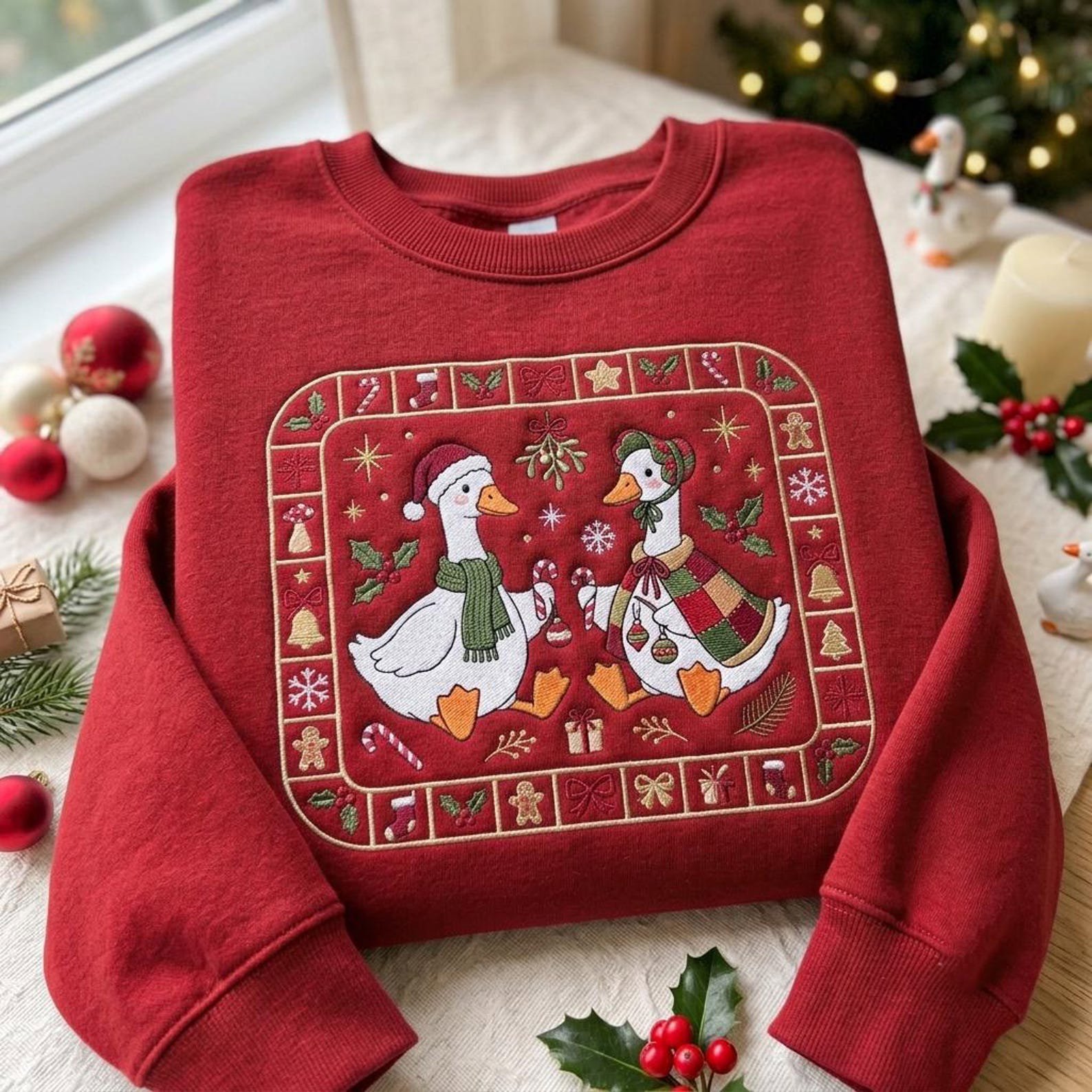 Christmas Goose Embroidered Sweatshirt, Holiday Goose Couple Crewneck, Candy Cane Patchwork Christmas Pullover, Festive Winter Gift 3