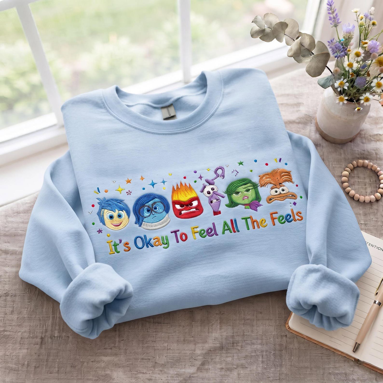Inside Out Feelings Embroidered Sweatshirt, Emotion Character Crewneck, It’s Okay To Feel All The Feels Mental Health Gift 1