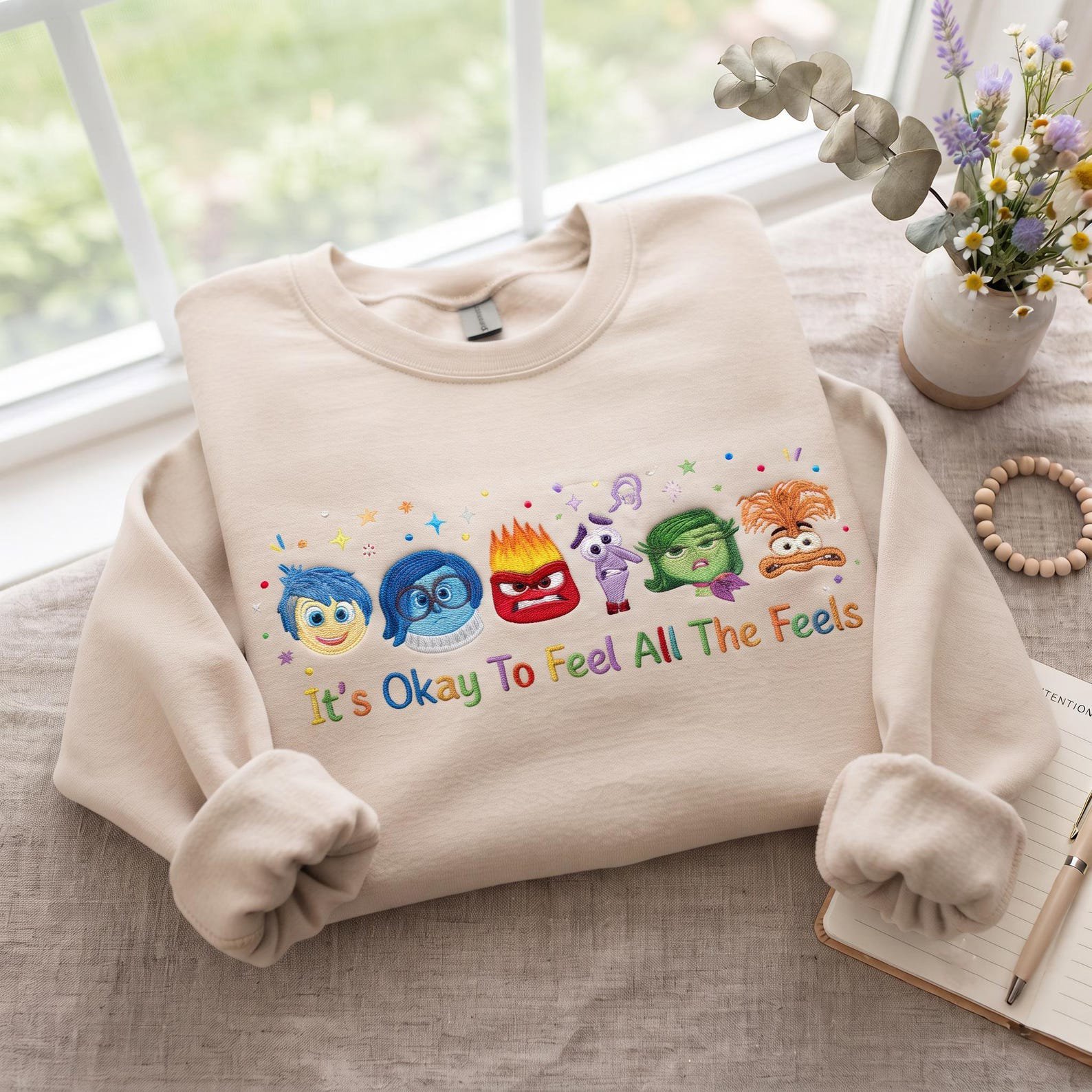 Inside Out Feelings Embroidered Sweatshirt, Emotion Character Crewneck, It’s Okay To Feel All The Feels Mental Health Gift 2