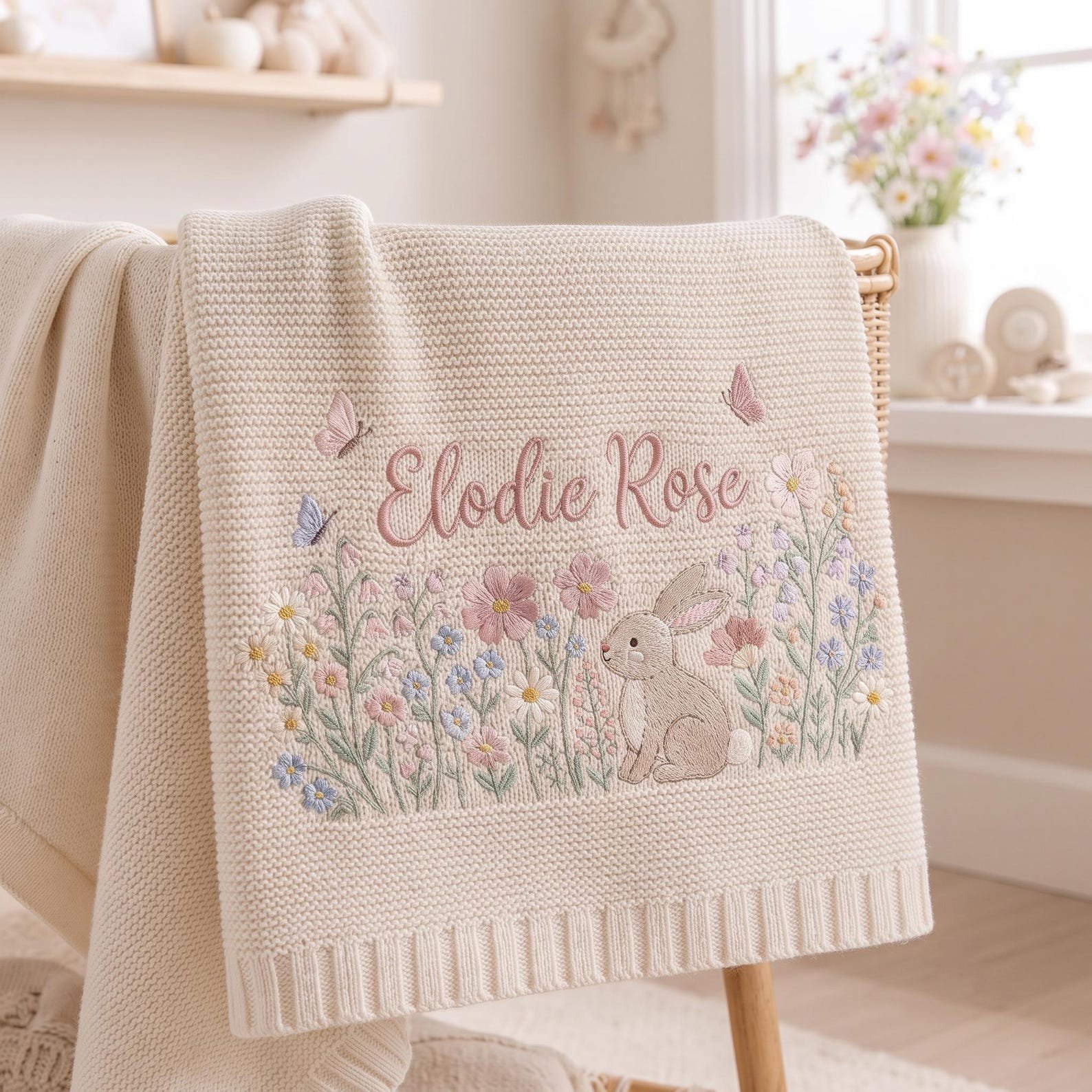 Personalized Bunny Baby Blanket, Embroidered Name Floral Knit Blanket, Custom Rabbit Nursery Gift, Baby Girl Keepsake 2