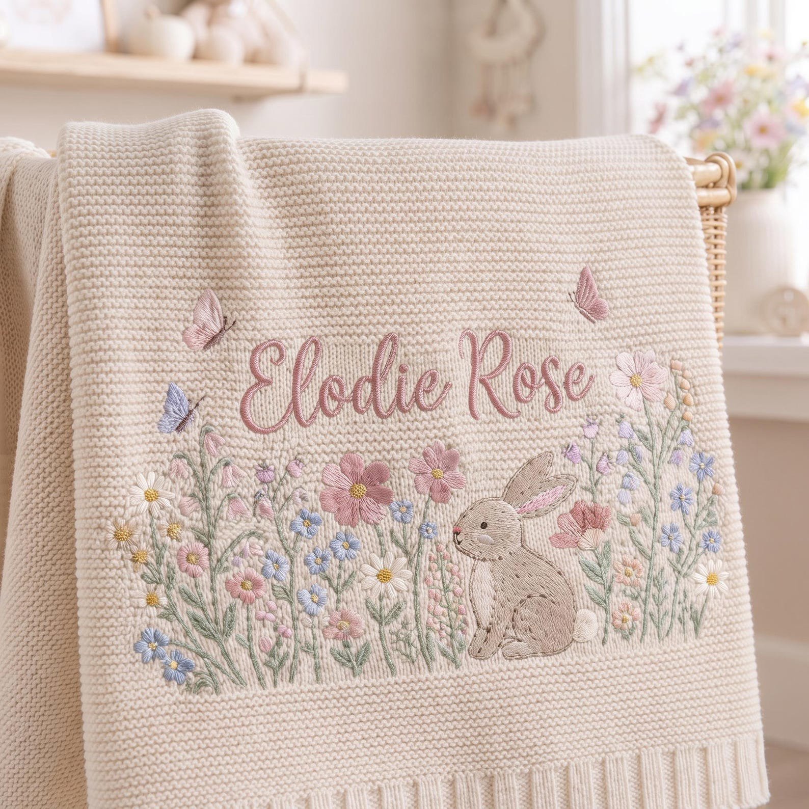 Personalized Bunny Baby Blanket, Embroidered Name Floral Knit Blanket, Custom Rabbit Nursery Gift, Baby Girl Keepsake 3