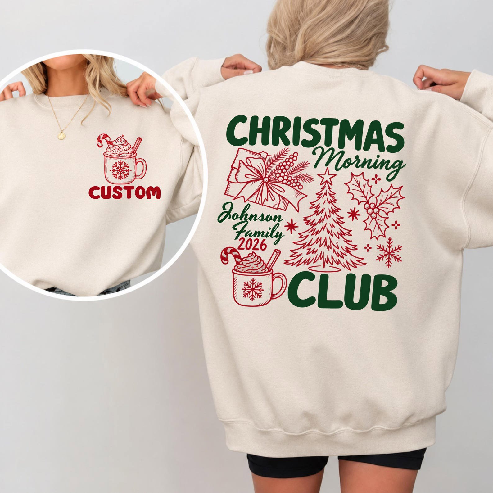 Custom Christmas Morning Club SweatShirt, Personalized Family Xmas shirt, Back Print Vintage Holiday Outfit 1