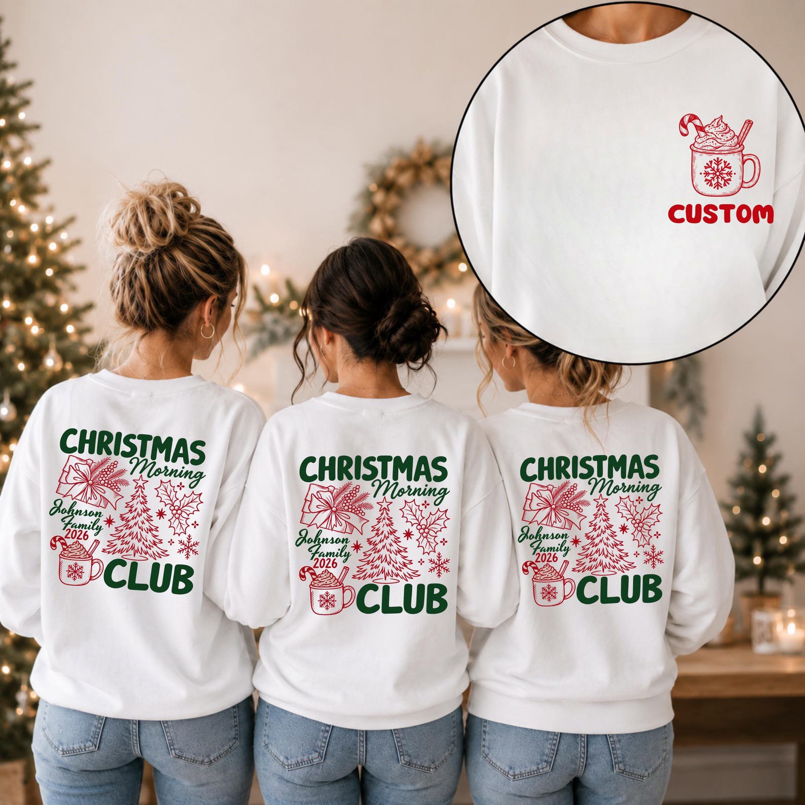 Custom Christmas Morning Club SweatShirt, Personalized Family Xmas shirt, Back Print Vintage Holiday Outfit 2