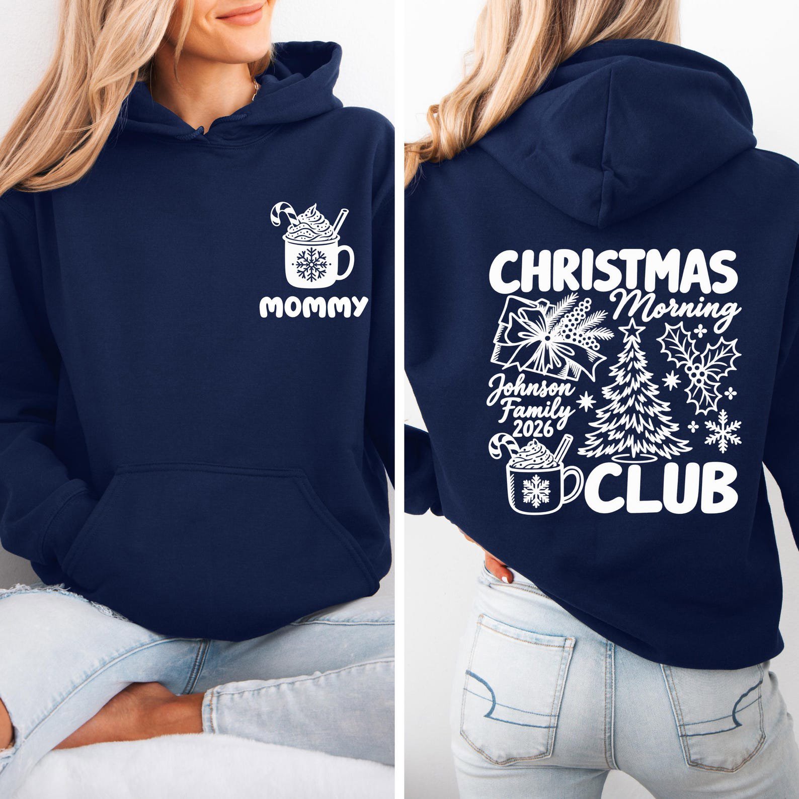 Custom Christmas Morning Club SweatShirt, Personalized Family Xmas shirt, Back Print Vintage Holiday Outfit 3