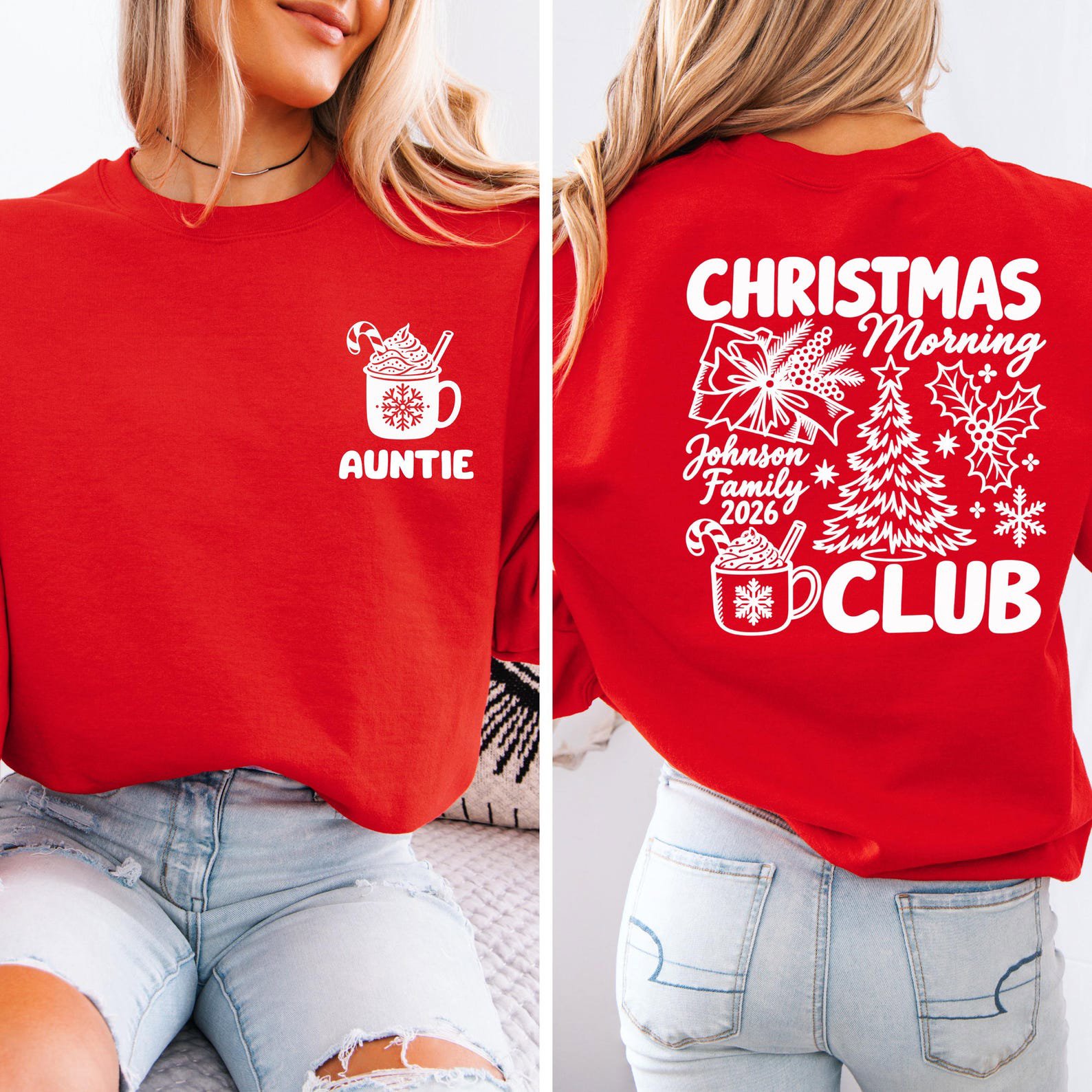 Custom Christmas Morning Club SweatShirt, Personalized Family Xmas shirt, Back Print Vintage Holiday Outfit 5