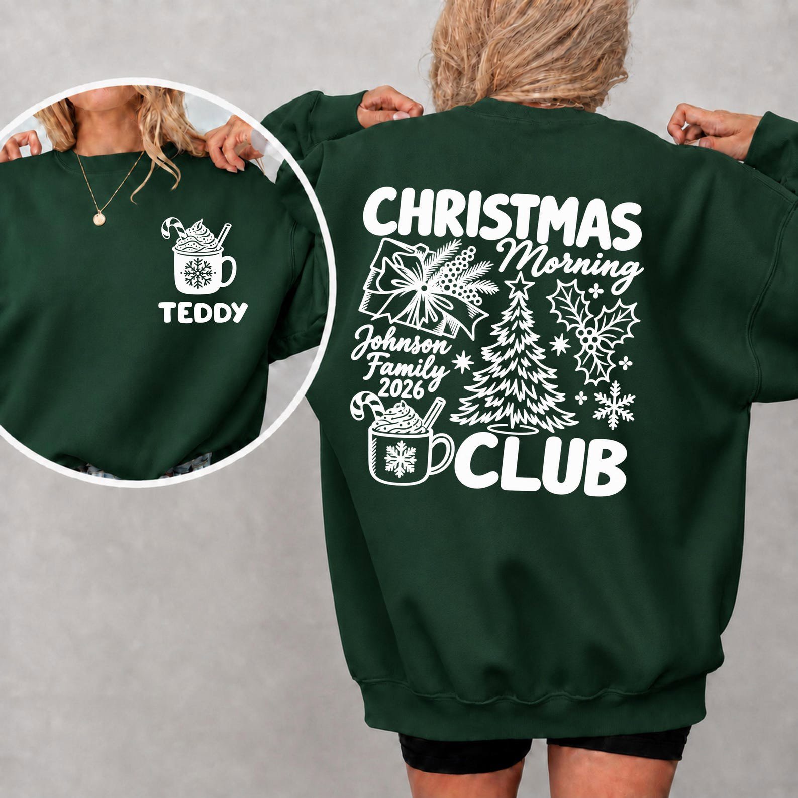 Custom Christmas Morning Club SweatShirt, Personalized Family Xmas shirt, Back Print Vintage Holiday Outfit 6