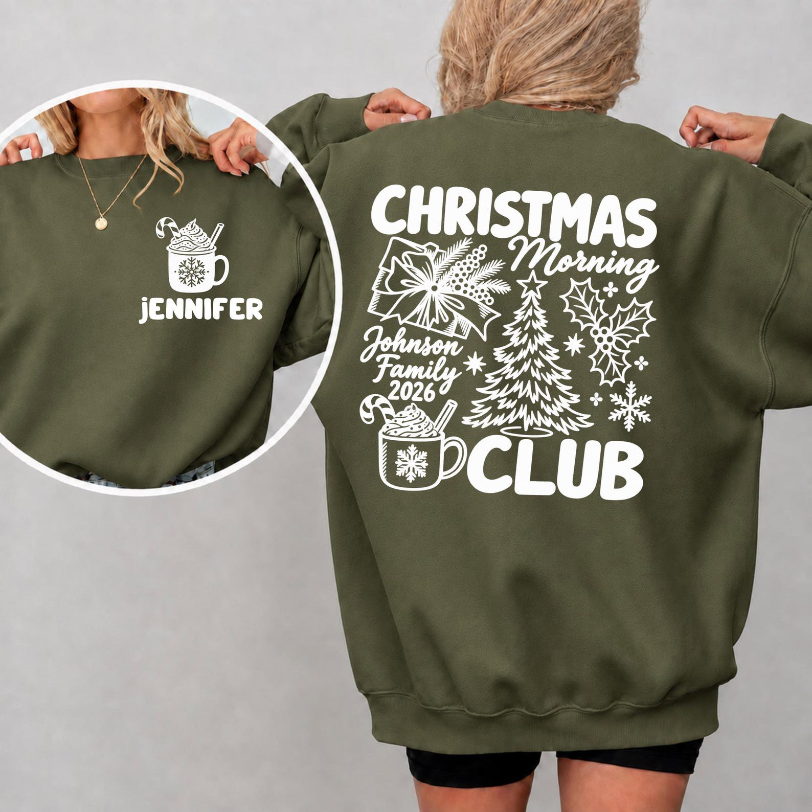 Custom Christmas Morning Club SweatShirt, Personalized Family Xmas shirt, Back Print Vintage Holiday Outfit 7