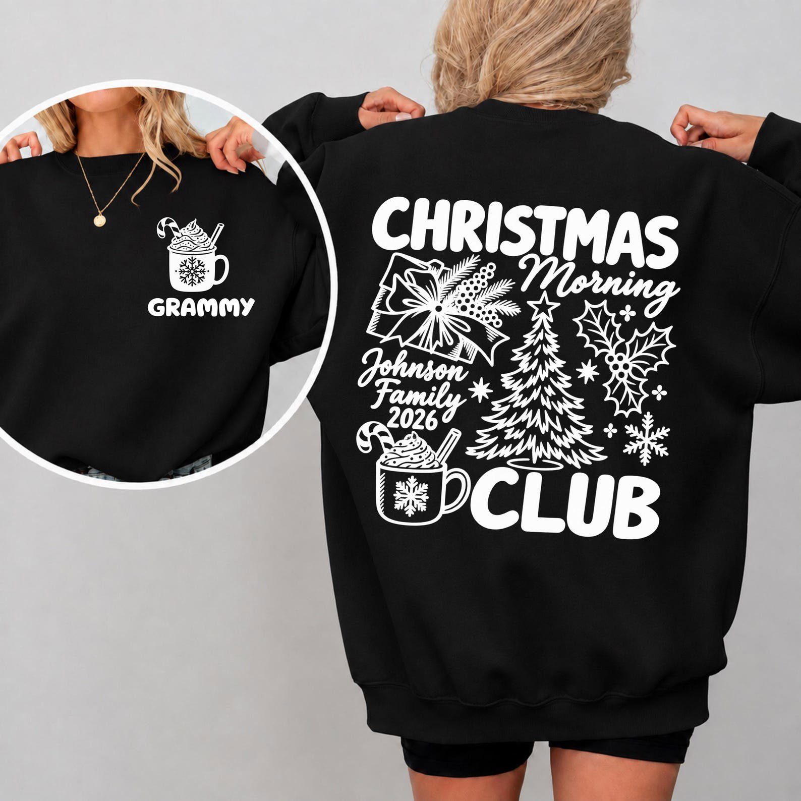 Custom Christmas Morning Club SweatShirt, Personalized Family Xmas shirt, Back Print Vintage Holiday Outfit 8