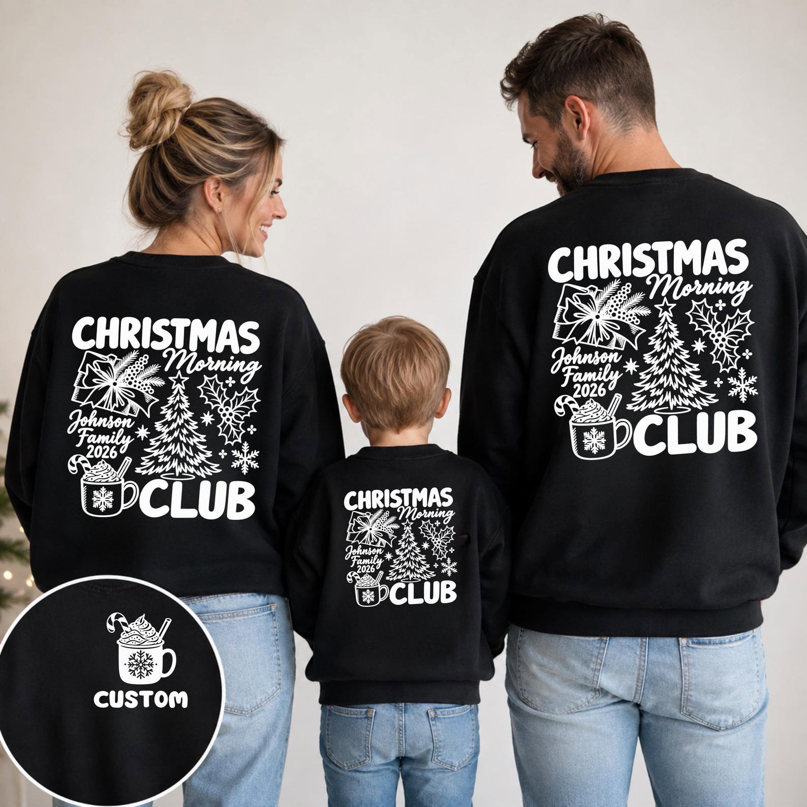 Custom Christmas Morning Club SweatShirt, Personalized Family Xmas shirt, Back Print Vintage Holiday Outfit 9