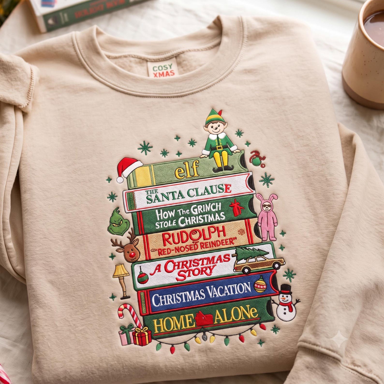Embroidered Christmas Movie Sweatshirt, Holiday Classics Bookshelf Sweater, Festive Christmas Film Shirt, Movie Night Gift 1