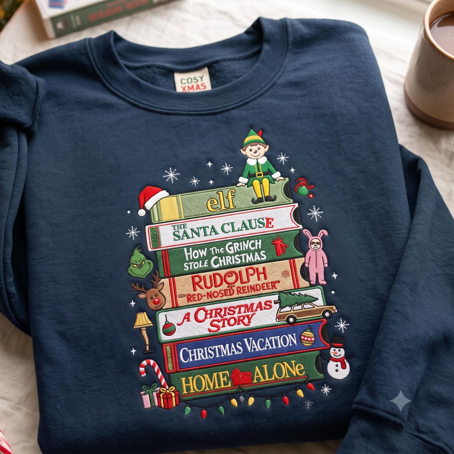 Embroidered Christmas Movie Sweatshirt, Holiday Classics Bookshelf Sweater, Festive Christmas Film Shirt, Movie Night Gift 4
