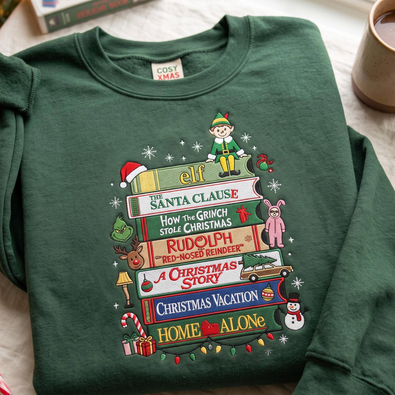 Embroidered Christmas Movie Sweatshirt, Holiday Classics Bookshelf Sweater, Festive Christmas Film Shirt, Movie Night Gift 5