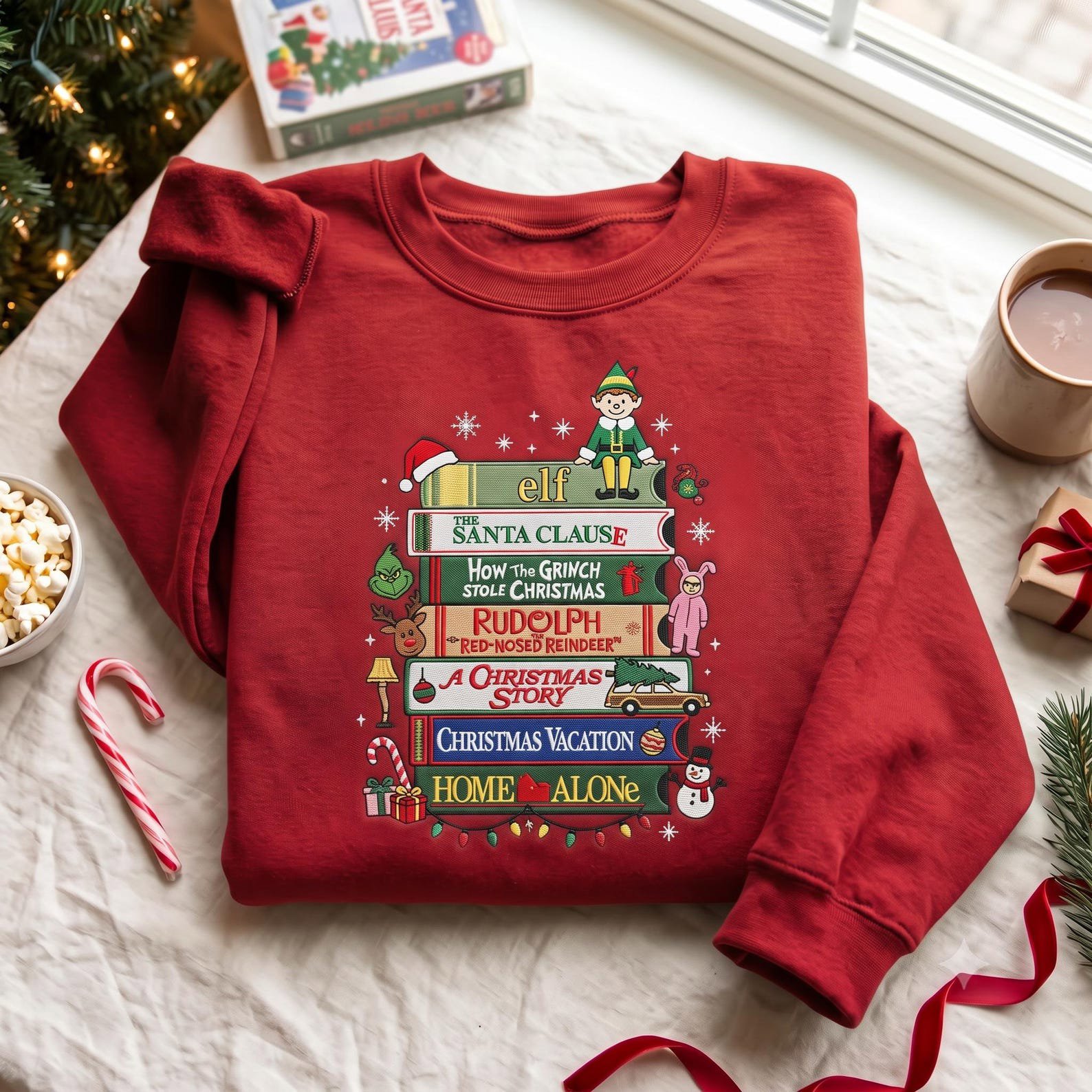 Embroidered Christmas Movie Sweatshirt, Holiday Classics Bookshelf Sweater, Festive Christmas Film Shirt, Movie Night Gift 6