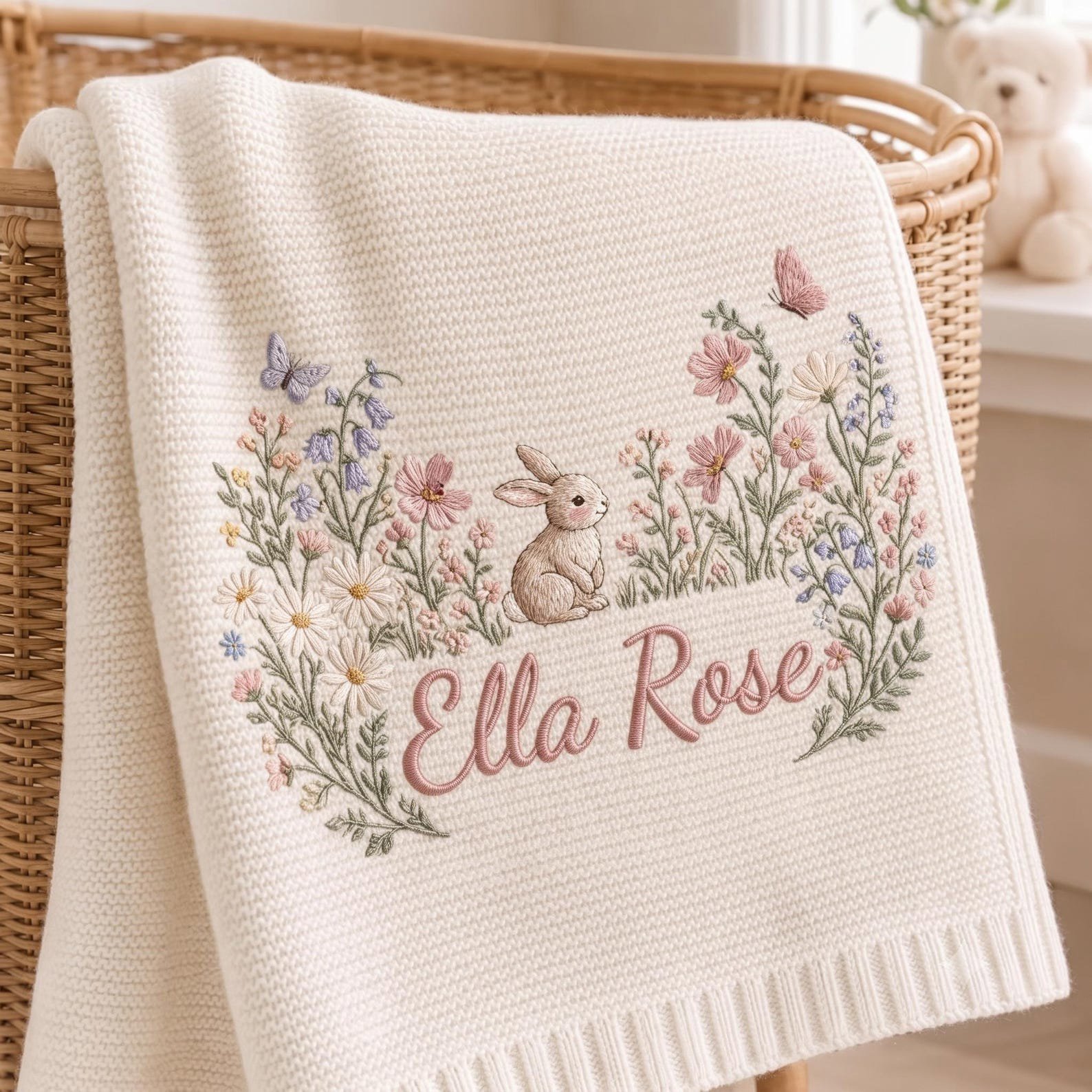 Personalized Baby Blanket, Embroidered Bunny Wildflower Name Knit Blanket, Floral Nursery Newborn Keepsake, Baby Shower Gift 2