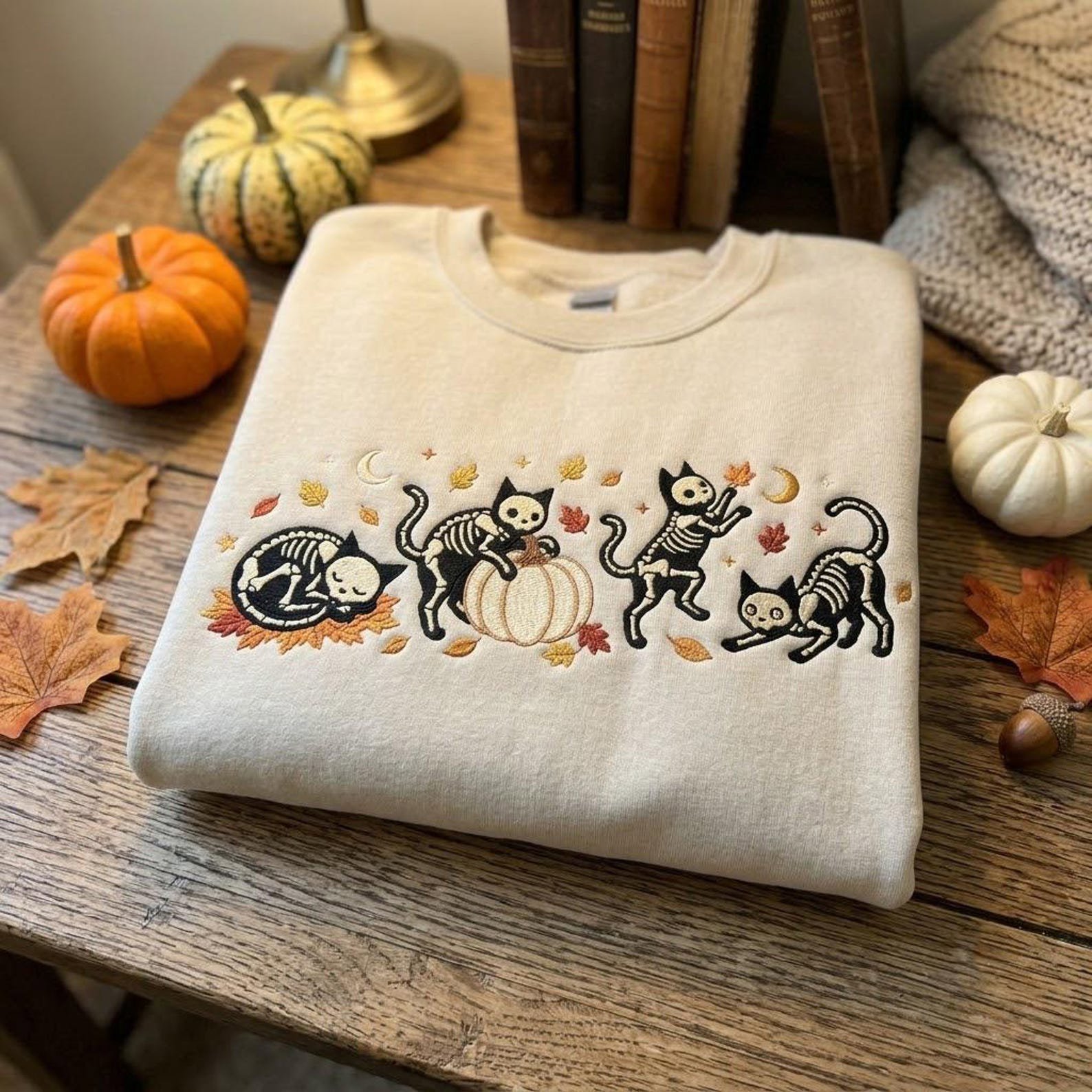 Halloween Skeleton Cats Embroidered Crewneck, Cute Spooky Kitty Sweatshirt with Pumpkin and Fall Leaves, Cozy October Gift 1