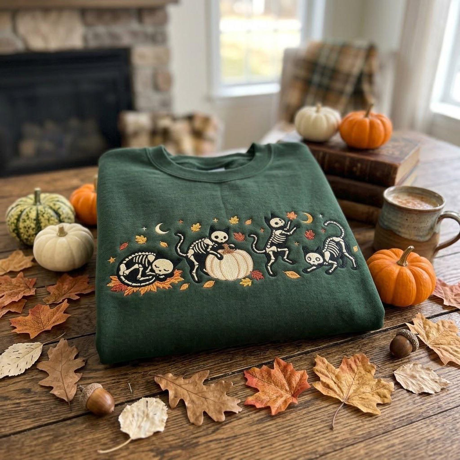 Halloween Skeleton Cats Embroidered Crewneck, Cute Spooky Kitty Sweatshirt with Pumpkin and Fall Leaves, Cozy October Gift 3