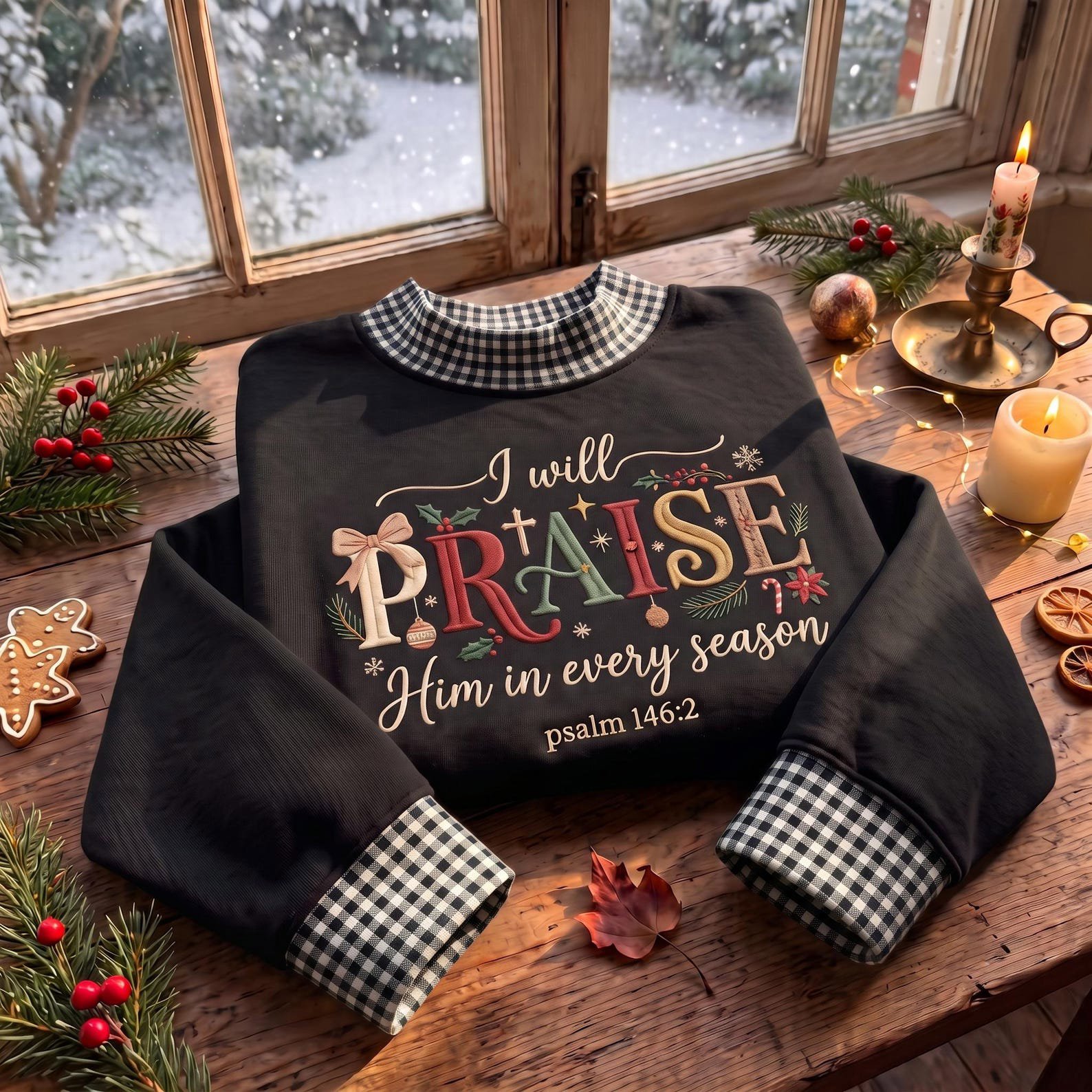 Christian Gingham Mock Neck Sweatshirt, I Will Praise Him Embroidered Crewneck, Psalm 146:2 Faith Christmas Pullover 1
