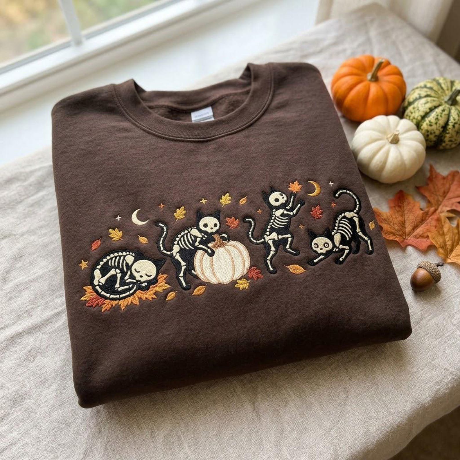 Halloween Skeleton Cats Embroidered Crewneck, Cute Spooky Kitty Sweatshirt with Pumpkin and Fall Leaves, Cozy October Gift 2