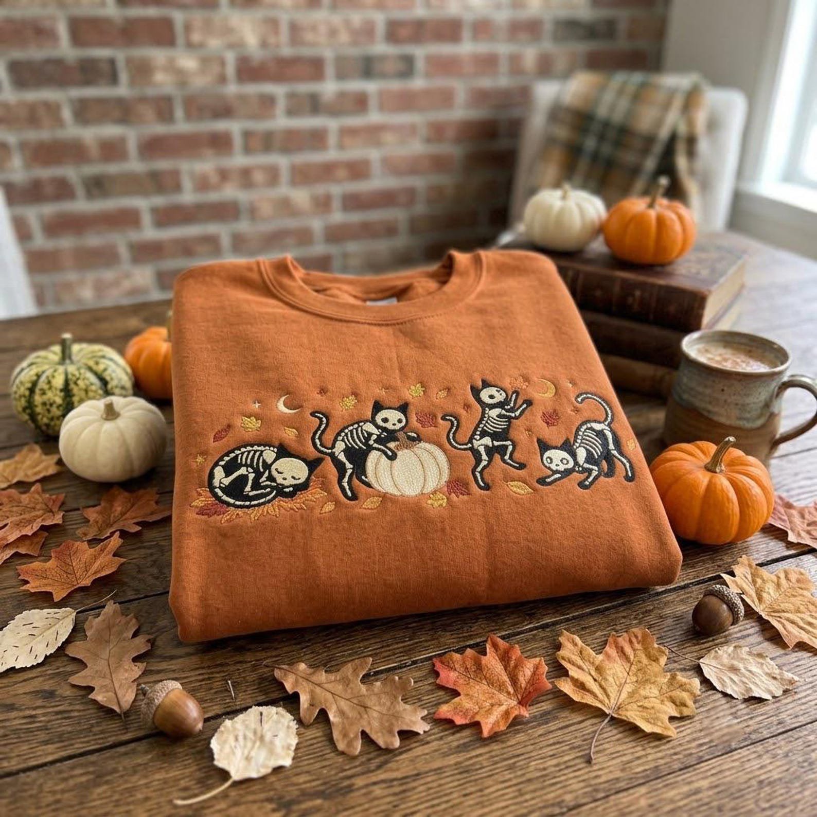Halloween Skeleton Cats Embroidered Crewneck, Cute Spooky Kitty Sweatshirt with Pumpkin and Fall Leaves, Cozy October Gift 4