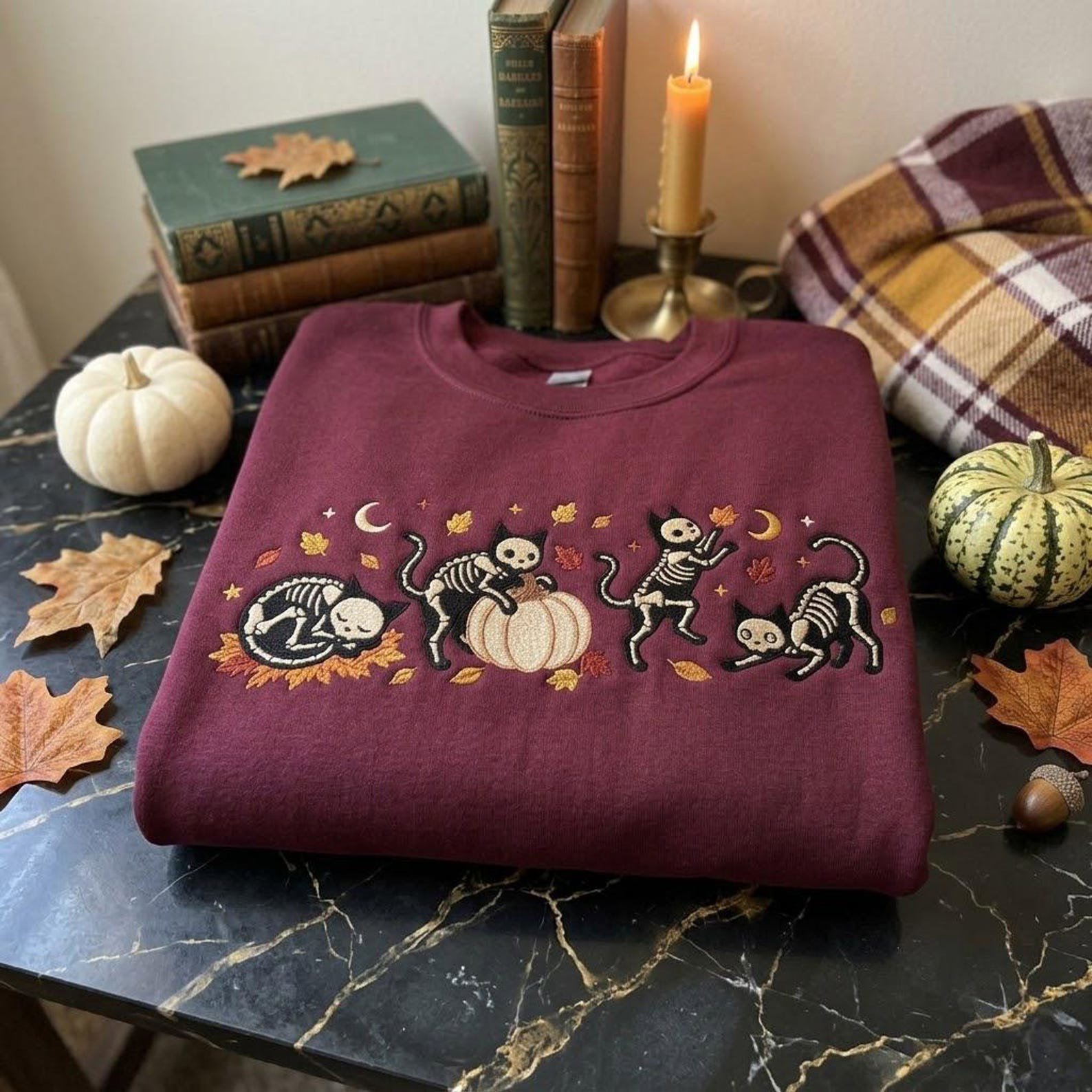 Halloween Skeleton Cats Embroidered Crewneck, Cute Spooky Kitty Sweatshirt with Pumpkin and Fall Leaves, Cozy October Gift 5