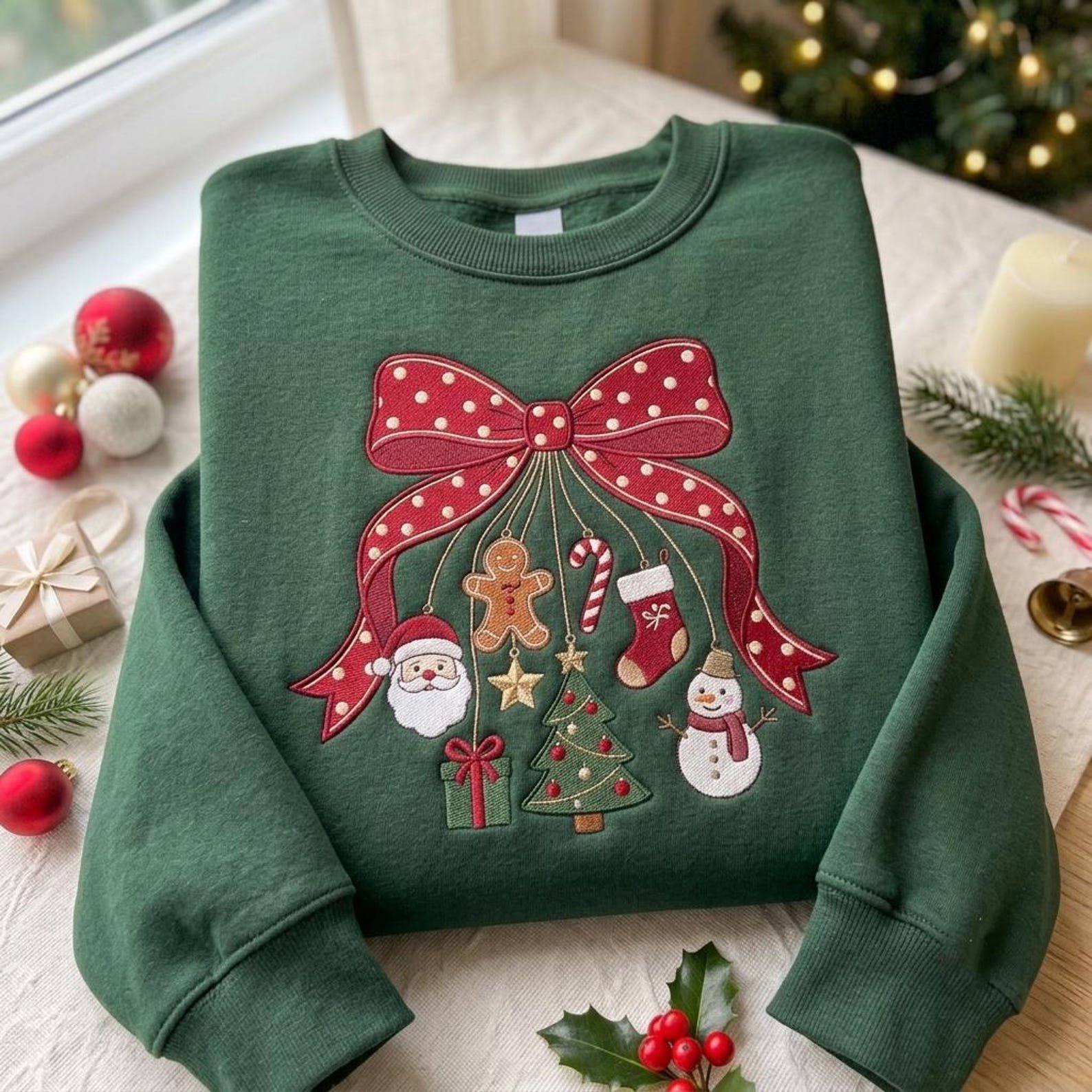 Christmas Bow Sweatshirt, Embroidered Holiday Ornament Shirt, Santa Gingerbread Snowman Tree Sweater, Coquette Christmas Gift 3